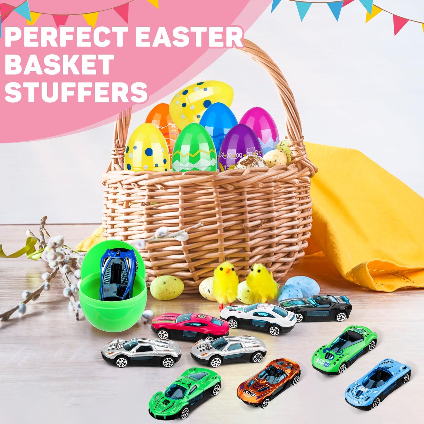Hoarosall 12pcs Kids Easter Gifts Race Car Vehicle Toys,Prefilled Plastic Easter Eggs Gifts for Boys, Easter Eggs with Toys Inside Car Easter Toys for Kids Ages 4-8,8-12