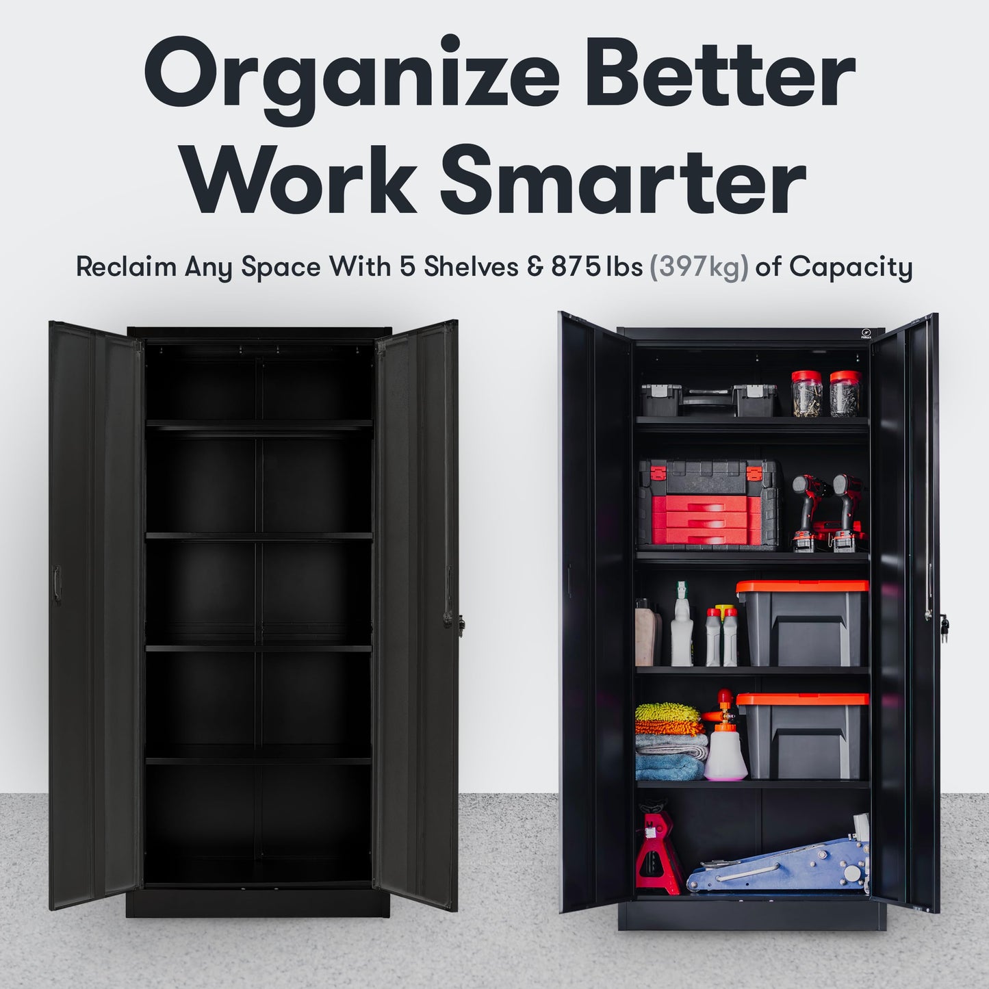 Fedmax Heavy Duty Metal Garage Storage Cabinet - 71-inch Tall Large Steel Utility Locker with Adjustable Shelves & Locking Doors - Garage Cabinets for Tool Storage and Ammo Locker - Black and Silver