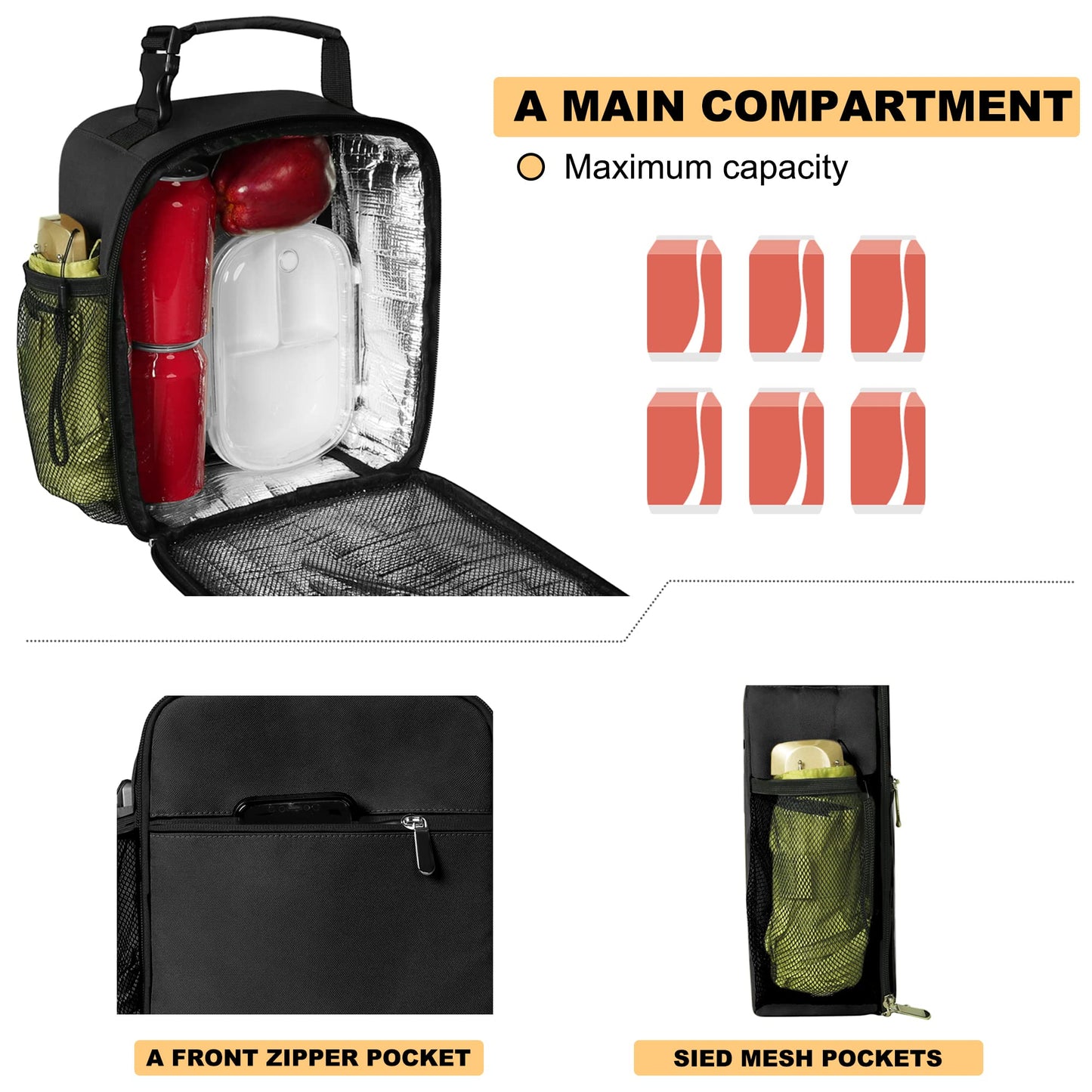 Deosk Lunch Bag Reusable Small Lunch Box for Men Women Insulated Portable Lunchbox for adults Suitable for School Work Picnic (Black)