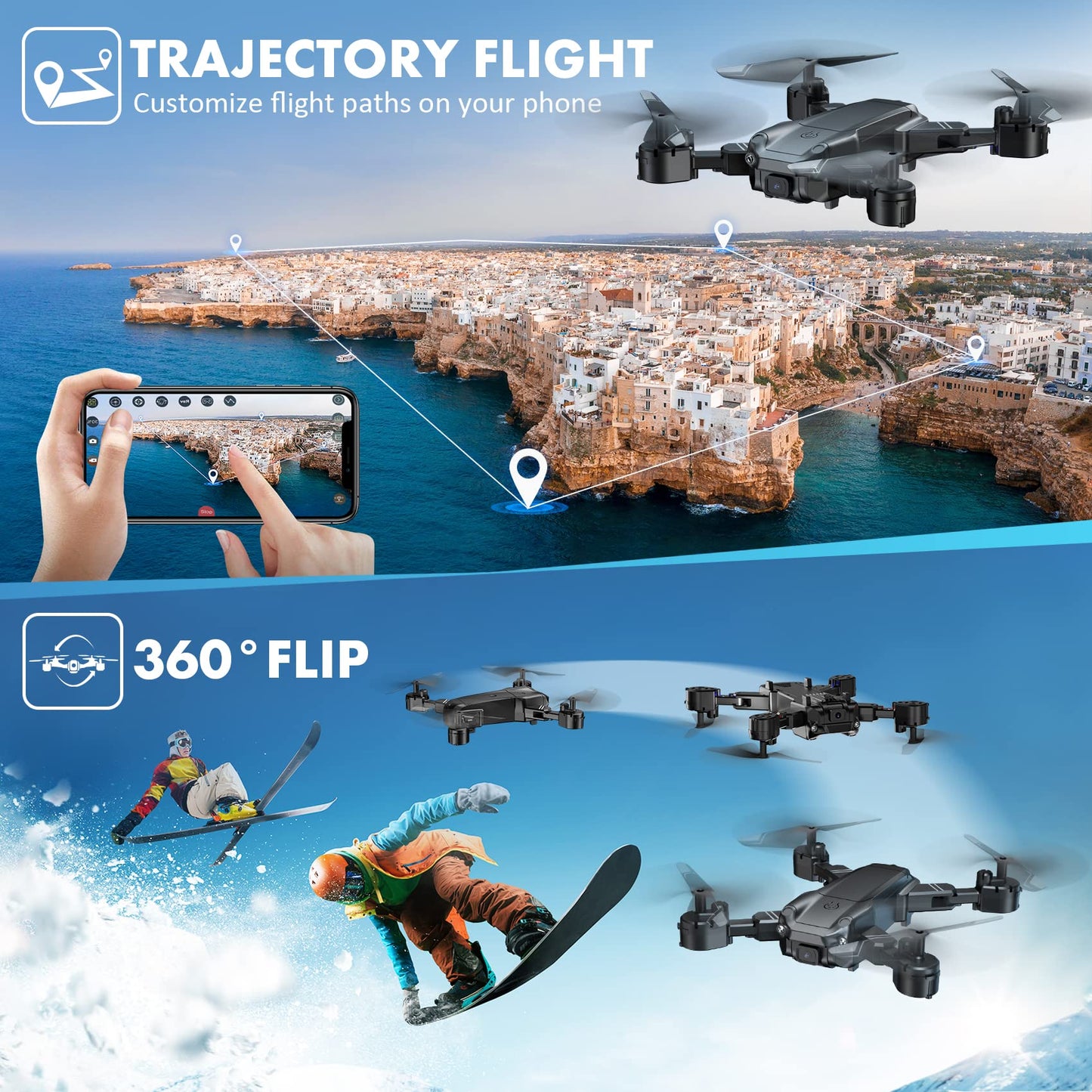MAETOT Drone with Camera for Kids, Foldable 1080P HD FPV Drones for Kids 8-12, 2 Batteries 30mins Flight Time WiFi RC Quadcopter, One-key Take off/Landing Altitude Hold Headless Mode with Carry Case