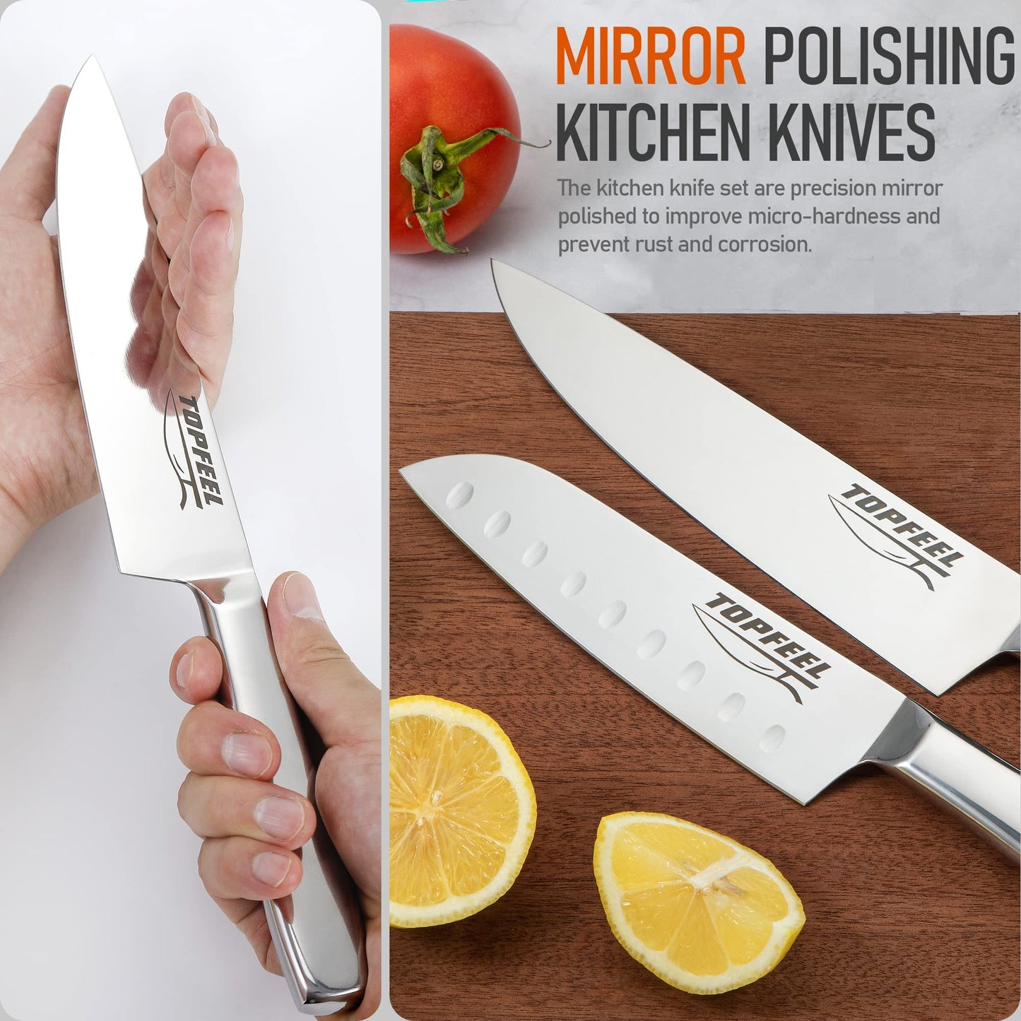 Topfeel Knife Set for Kitchen with Block, Sharp Knife Set 6 Piece, High Carbon Mirror Polishing Stainless Steel Chef Knife Set for Thanksgiving & Christmas Gifts
