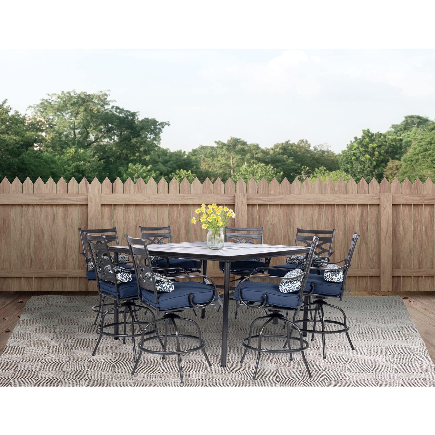 Hanover Montclair 9-Piece Outdoor Dining Set, 8 Swivel Counter-Height Chairs with Comfortable Seat and Lumbar Cushions, 60" Square Stamped Rectangle Table, All-Weather Outdoor Patio Dining Set for 8