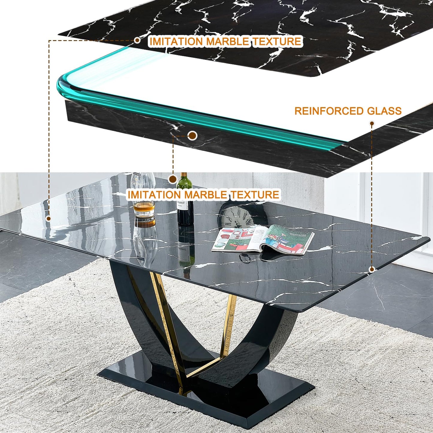 JUFU 71" Modern Dining Room Table Set for 6, Black Marble Faux Kichen Table Set with U-Shaped Base,Luxurious Rectangular Diner Table ANG Leather Dining Chairs with Golden Legs