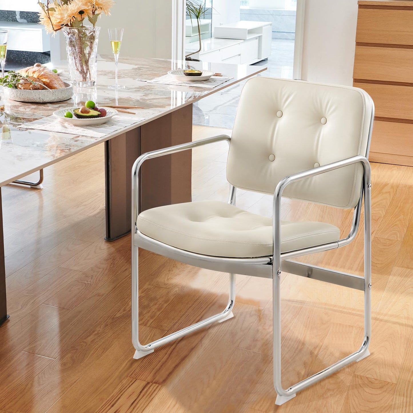 COLAMY Modern Dining Chairs Set of 2, Button Tufted PU Leather Upholstered Dining Room Kitchen Side Chair with Metal Legs for Home/Living Room/Bedroom/Office, Beige