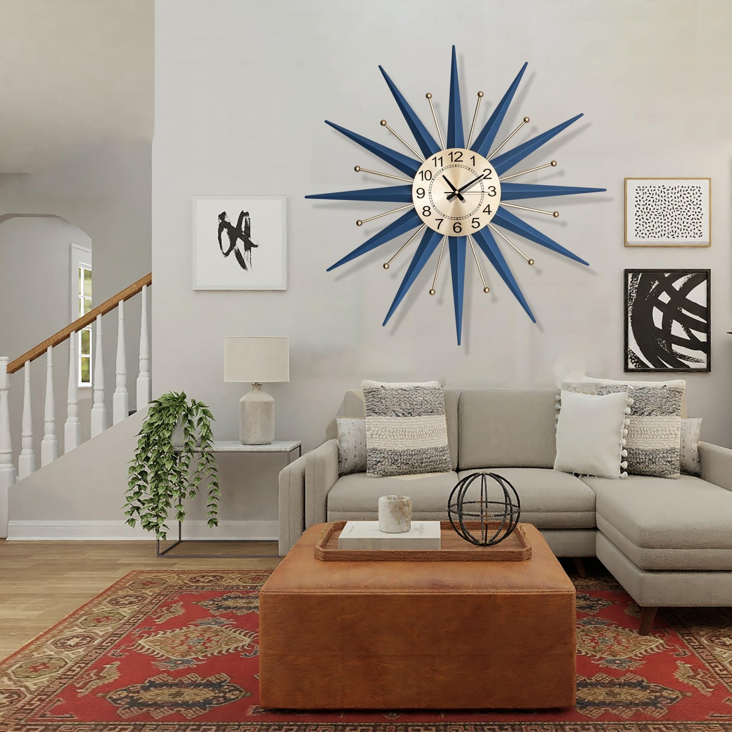 HAOWANJP Large Wall Clock Metal Decorative, Mid Century Silent Non-Ticking Big Clocks, Modern Home Decorations for Living Room,Bedroom,Dining Room, Office, 22 Inch