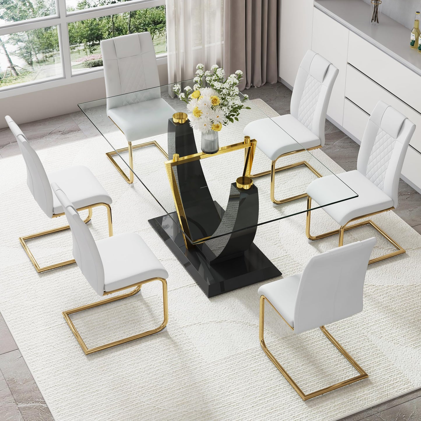 JUFU 63" Glass Dining Room Table Set for 6,Big Modern Rectangular Tempered Glass Dining Table Top Thick 0.39",7 Piece Dining Table with 6 Pcs Leather Dining Chairs