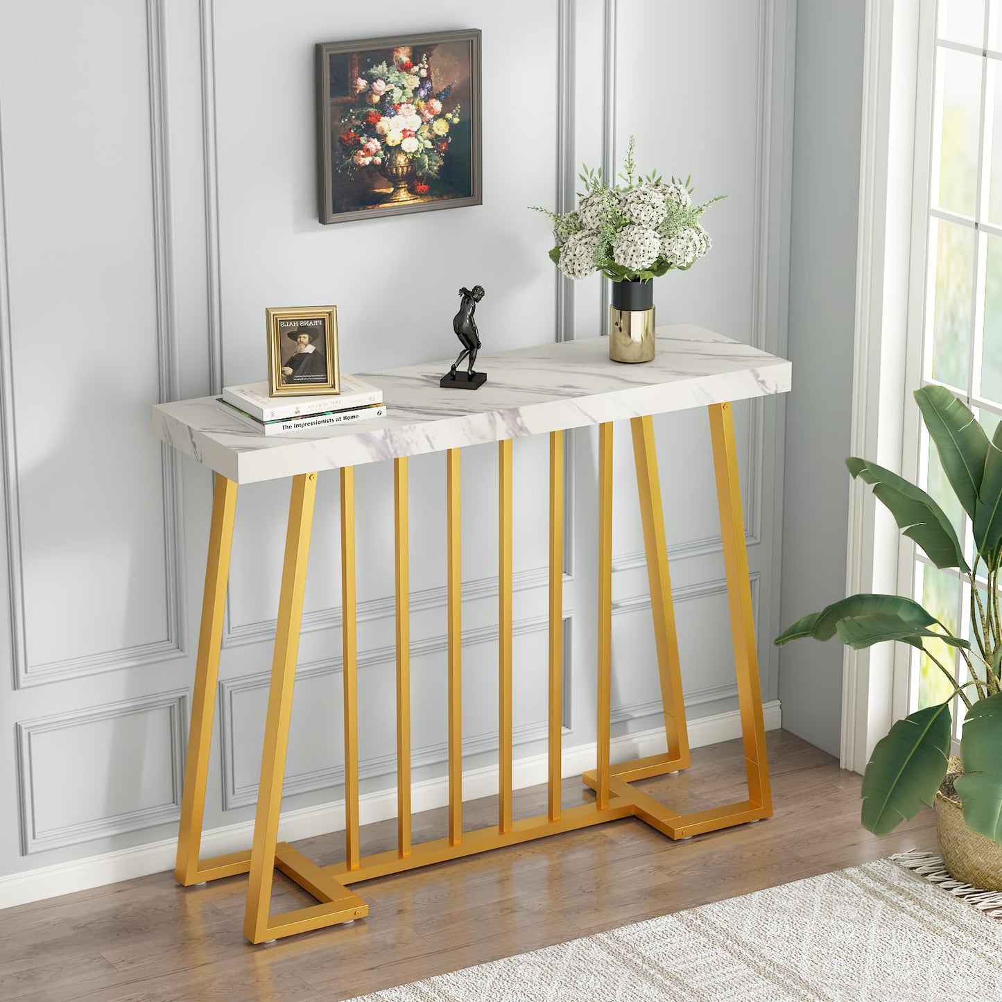 HDDDZSW Gold Entryway Table, Modern 40 inch Faux Marble Narrow Sofa Table Entry Way Table with Geometric Metal Legs for Living Room, Console Tables for Entryway, Hallyway, Entrance