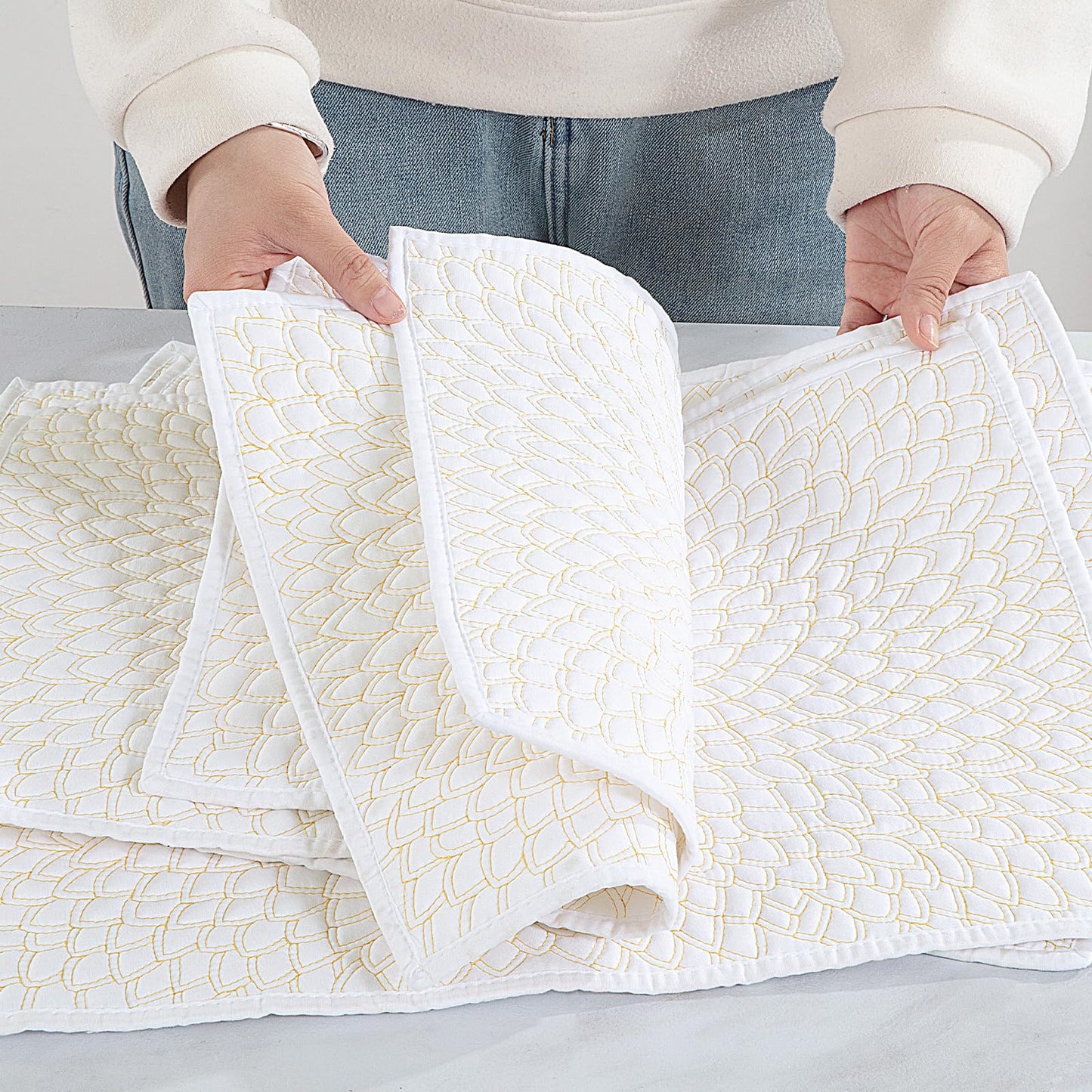 HOMBYS Quilted Placemats Set of 6-13x18 inch, Shiny Quilted Floral Rectangular Table Place Mat for Dining Table,Washable Placemats for Kitchen,Non-Slip Heat Resistant Cloth Placemats
