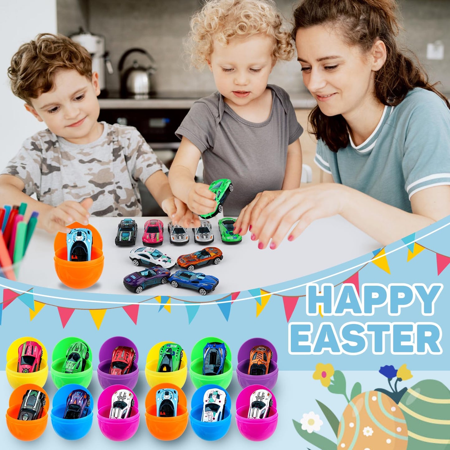 Hoarosall 12pcs Kids Easter Gifts Race Car Vehicle Toys,Prefilled Plastic Easter Eggs Gifts for Boys, Easter Eggs with Toys Inside Car Easter Toys for Kids Ages 4-8,8-12
