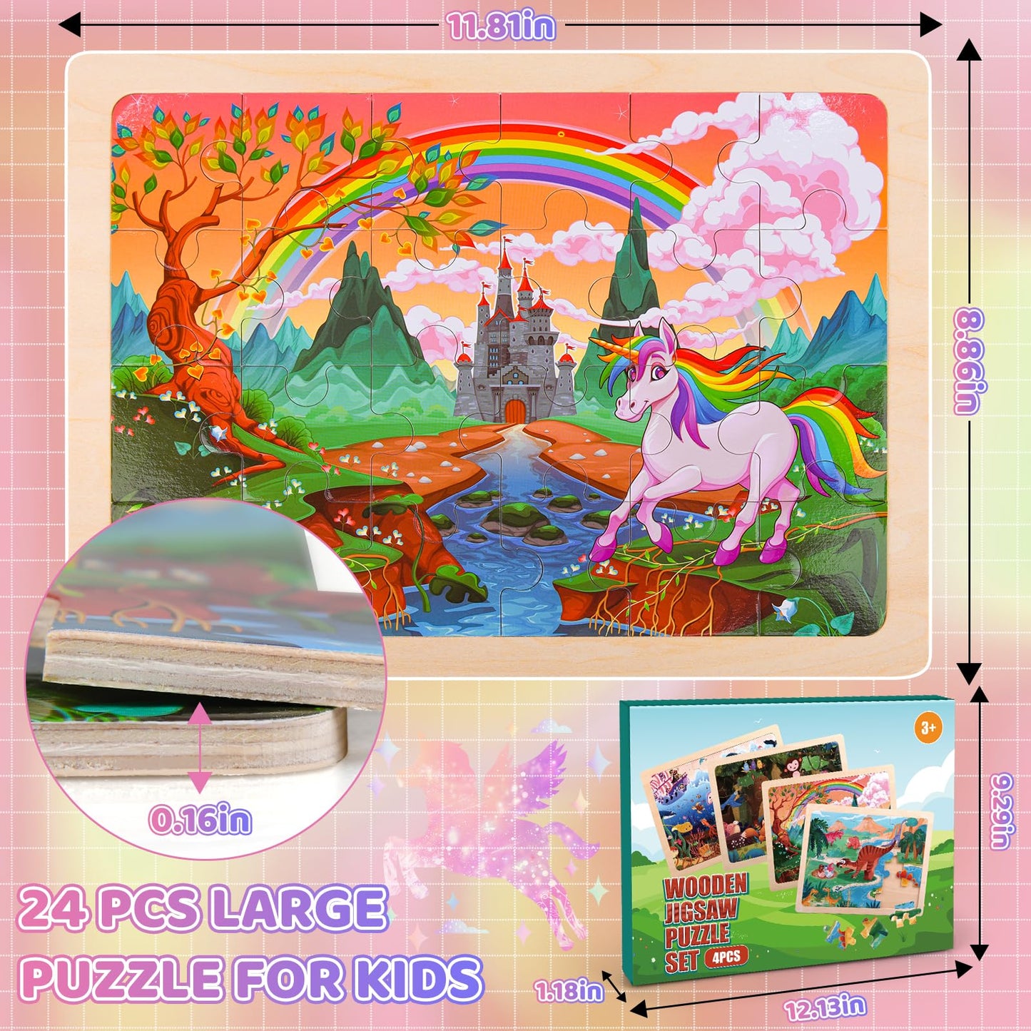 4 Packs Wooden Puzzles for Kids Ages 3-6 Toddler 4 in 1 Jigsaw Puzzles 24 PCS Preschool Learning Educational Brain Teaser Boards Toys Children Gifts for 3 4 5 6 Year Old Boys Girls