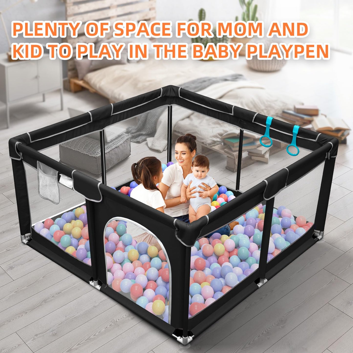 Suposeu Baby Playpen, Sturdy and Safety Playard with Soft Breathable Mesh, Indoor and Outdoor Baby Fence, Portable Playpen for Babies and Toddlers (50 Inch×50 Inch, Black)