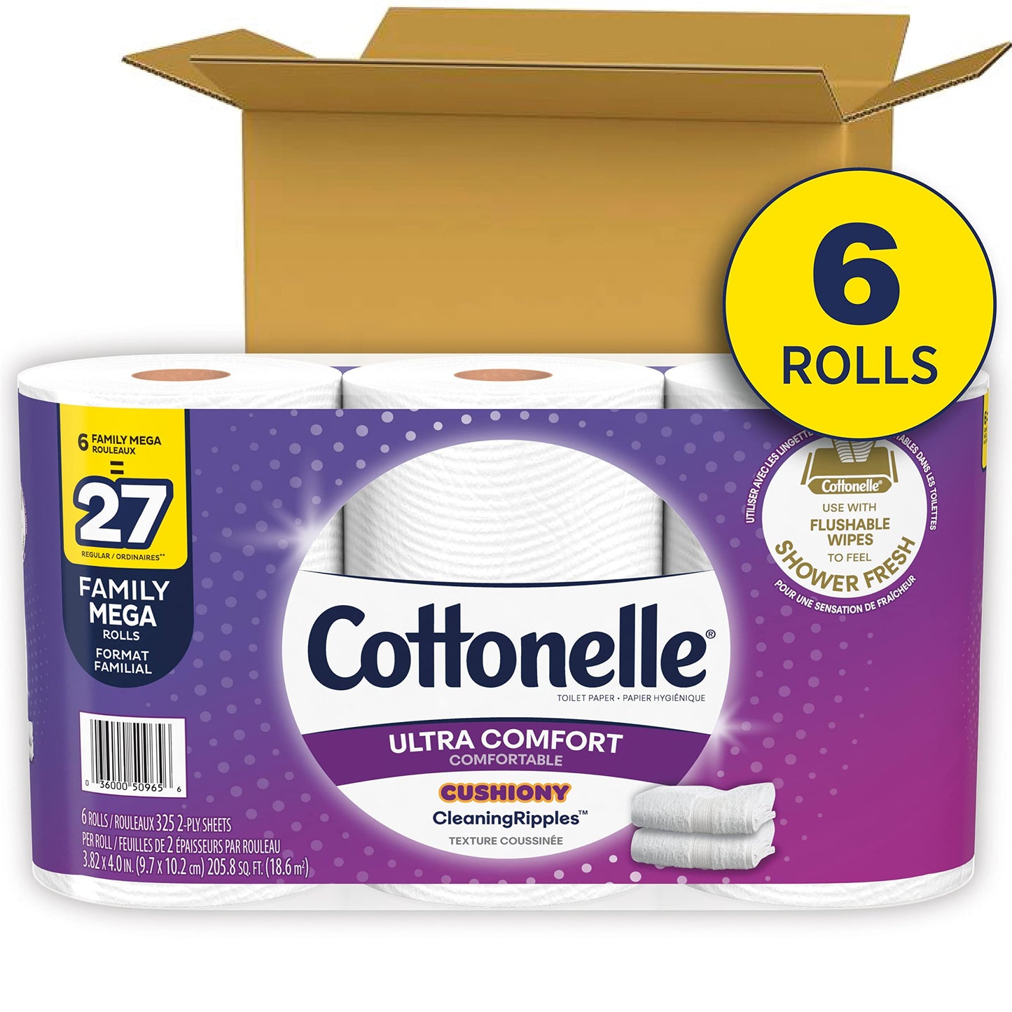 Cottonelle Ultra Comfort Toilet Paper with Cushiony CleaningRipples Texture, Strong Bath Tissue, 6 Family Mega Rolls (6 Family Mega Rolls = 27 regular rolls), 325 Sheets per Roll
