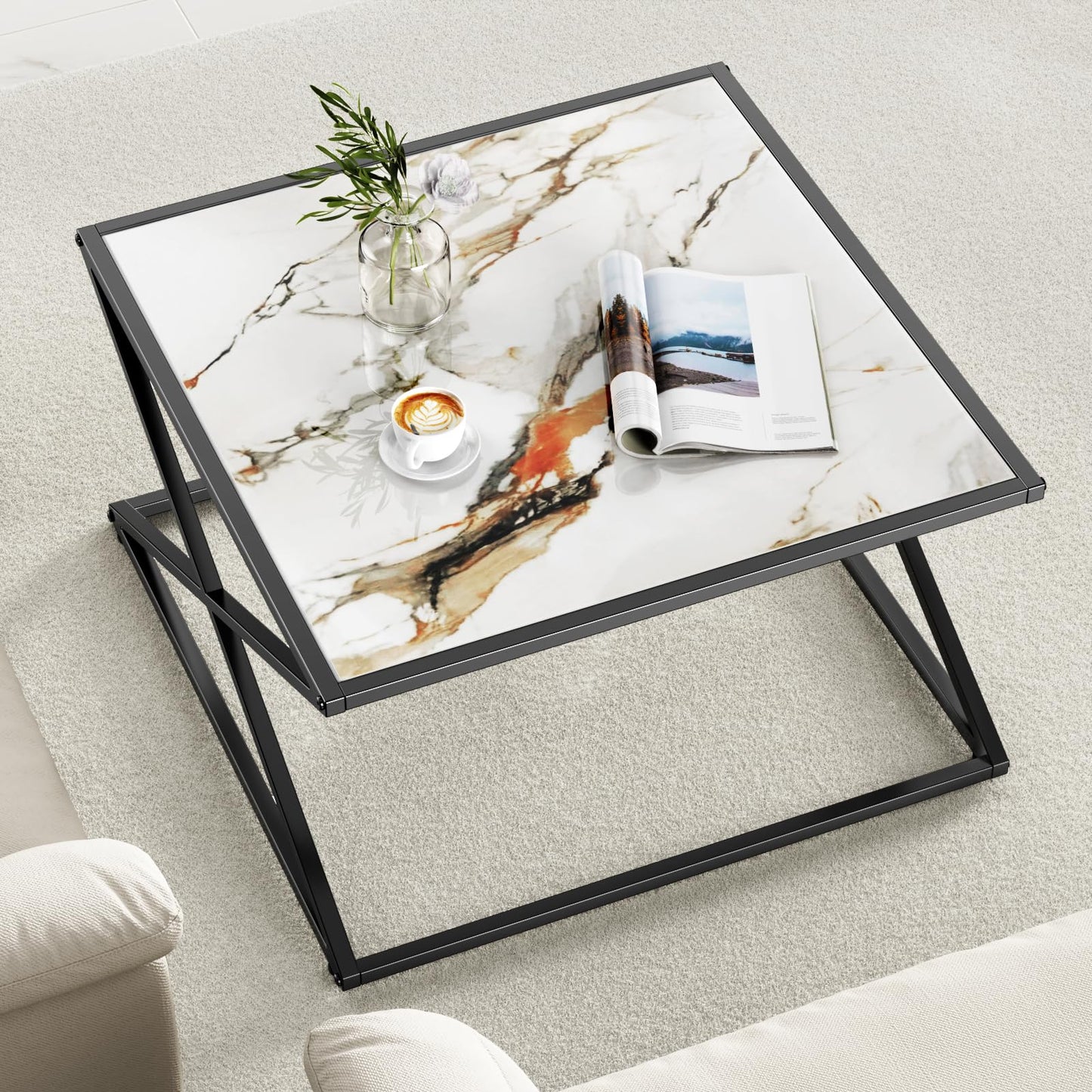 Marble Coffee Table, White Marble Sintered Stone Top Small Square Coffee Table with Black Metal Frame, 27.6 Inch Simple Modern Center Coffee Table for Living Room Home Office, Easy Assembly