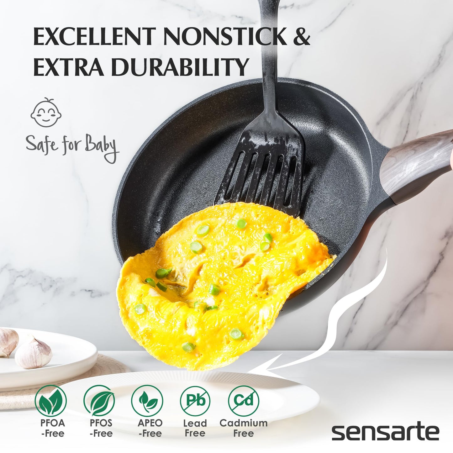 SENSARTE Pots and Pans Set Nonstick, 14 Pcs Induction Kitchen Cookware Sets, Non-toxic Non Stick Cooking Set with Frying Pans Set & Saucepan, PFOA PFOS APEO Free, Black