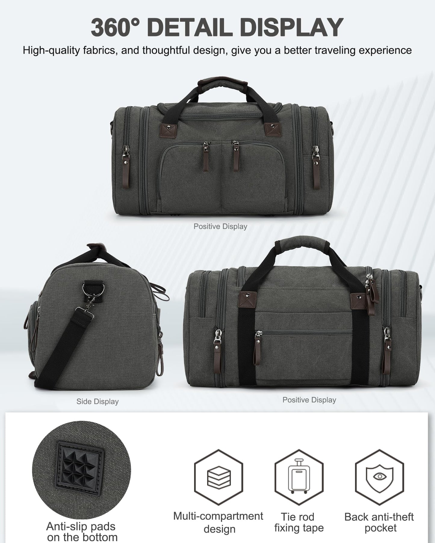 Duffle Bag for Men Travel, Gym Weekender Overnight Canvas Carry on Bag for Women with Trolley Sleeve Wet Pocket Personal Item Work Sports Bags Camping Expandable Bag, Grey