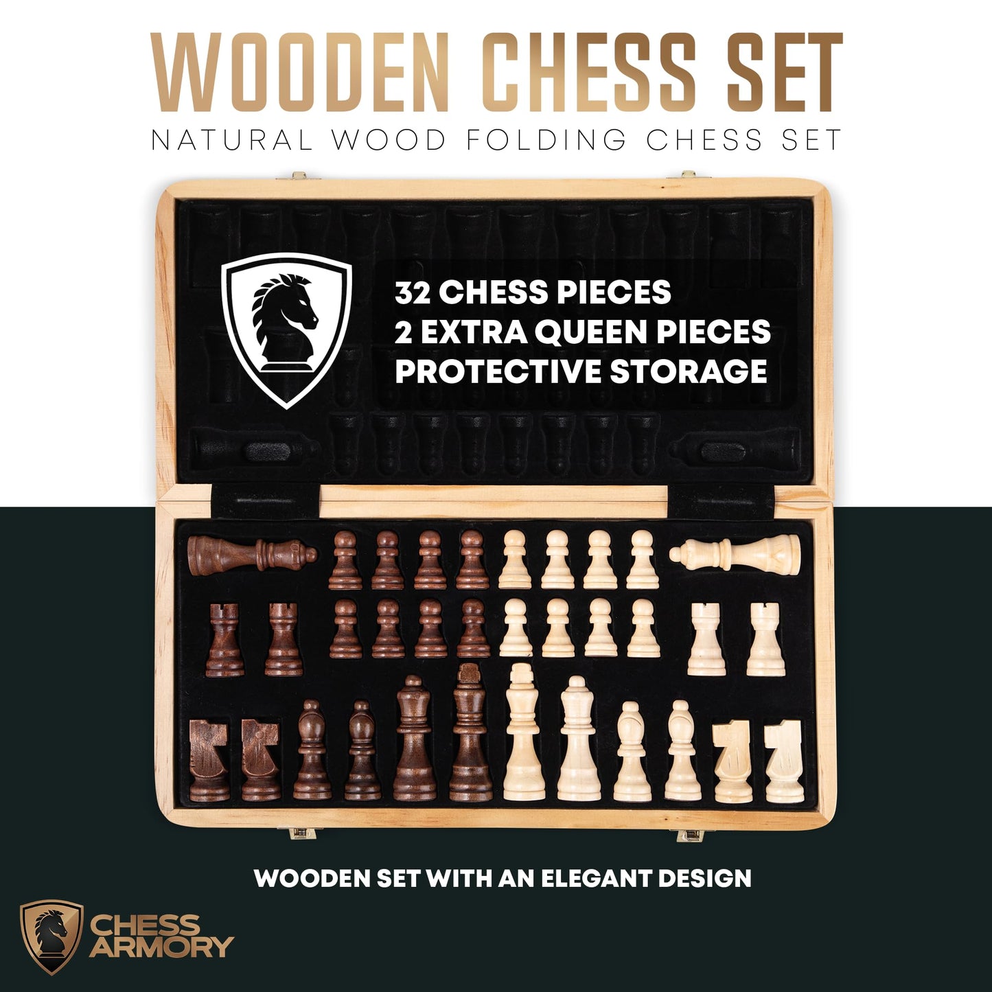 Chess Armory Chess Sets 15 Inch Wooden Chess Set Board Game for Adults and Kids with Extra Queen Pieces & Storage Box