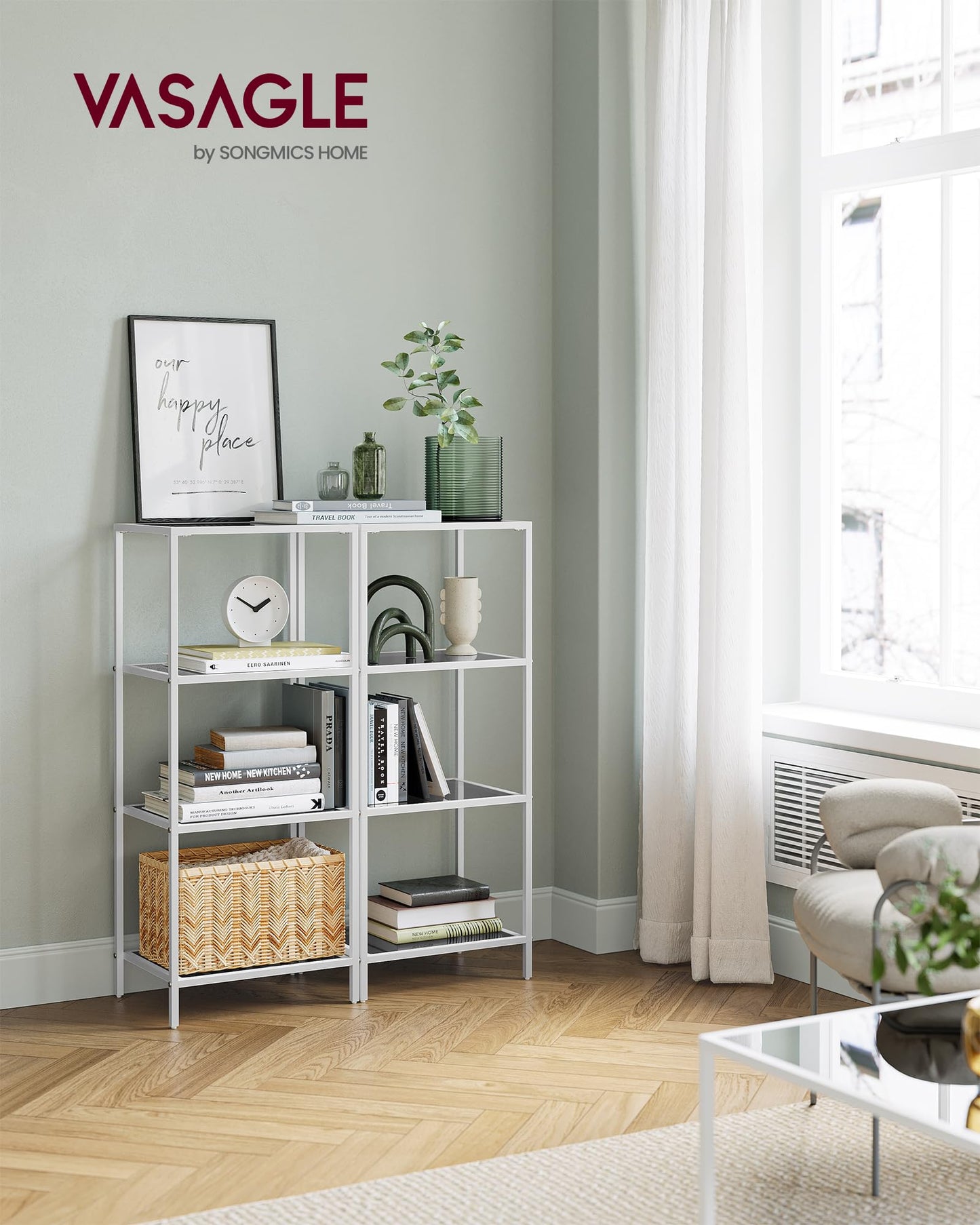 VASAGLE Bookcase, 4-Tier Bookshelf, Slim Shelving Unit for Bedroom, Bathroom, Home Office, Tempered Glass, Steel Frame, Pearl White and Slate Gray ULGT028W01