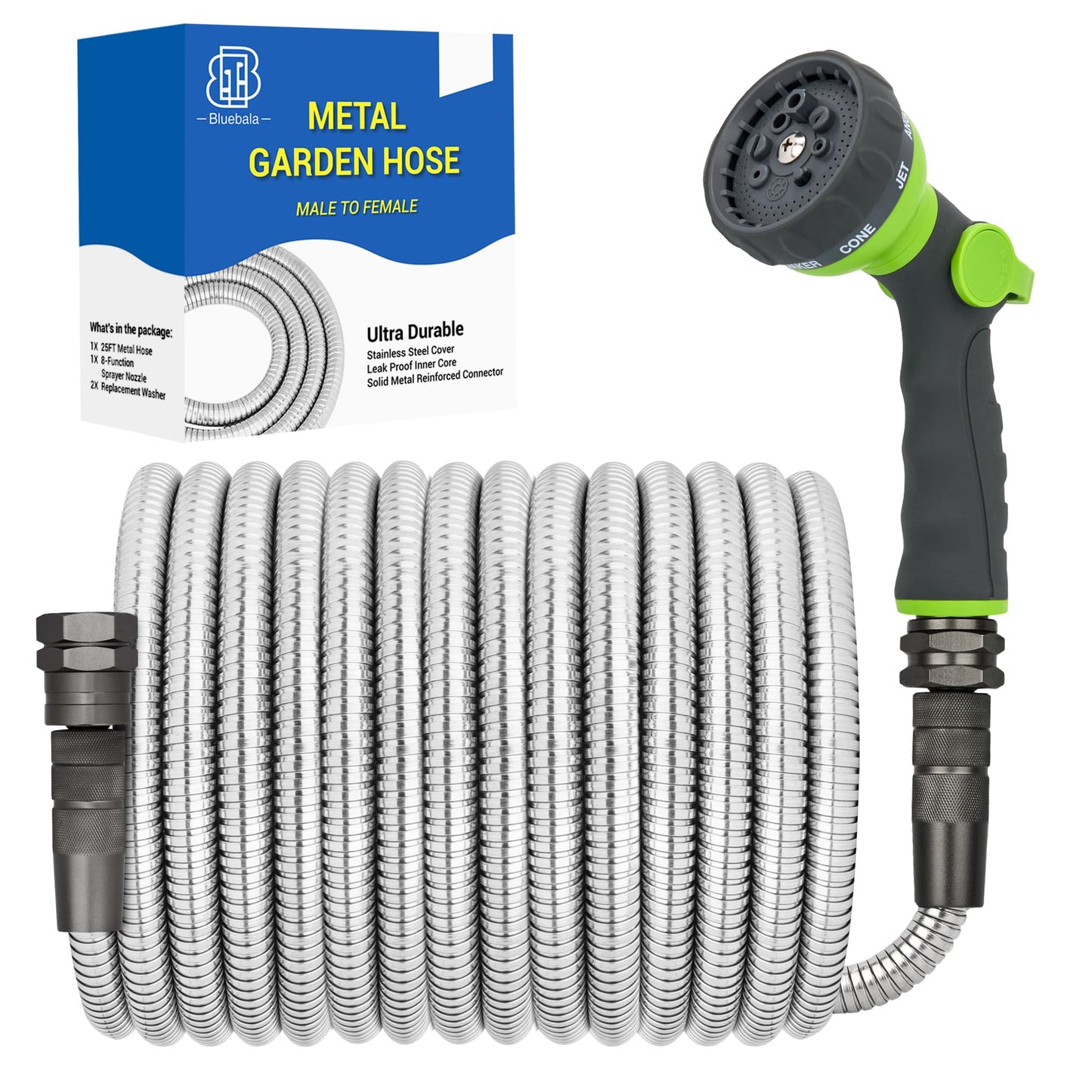 Bluebala Metal Garden Hose - 25FT Heavy Duty Stainless Steel Water Hose with 8-Mode Spray Nozzle, 3/4" Fittings, Leak Proof, Puncture Resistant, No Kink, Lightweight Outdoor Hose for Yard, Farm, Car