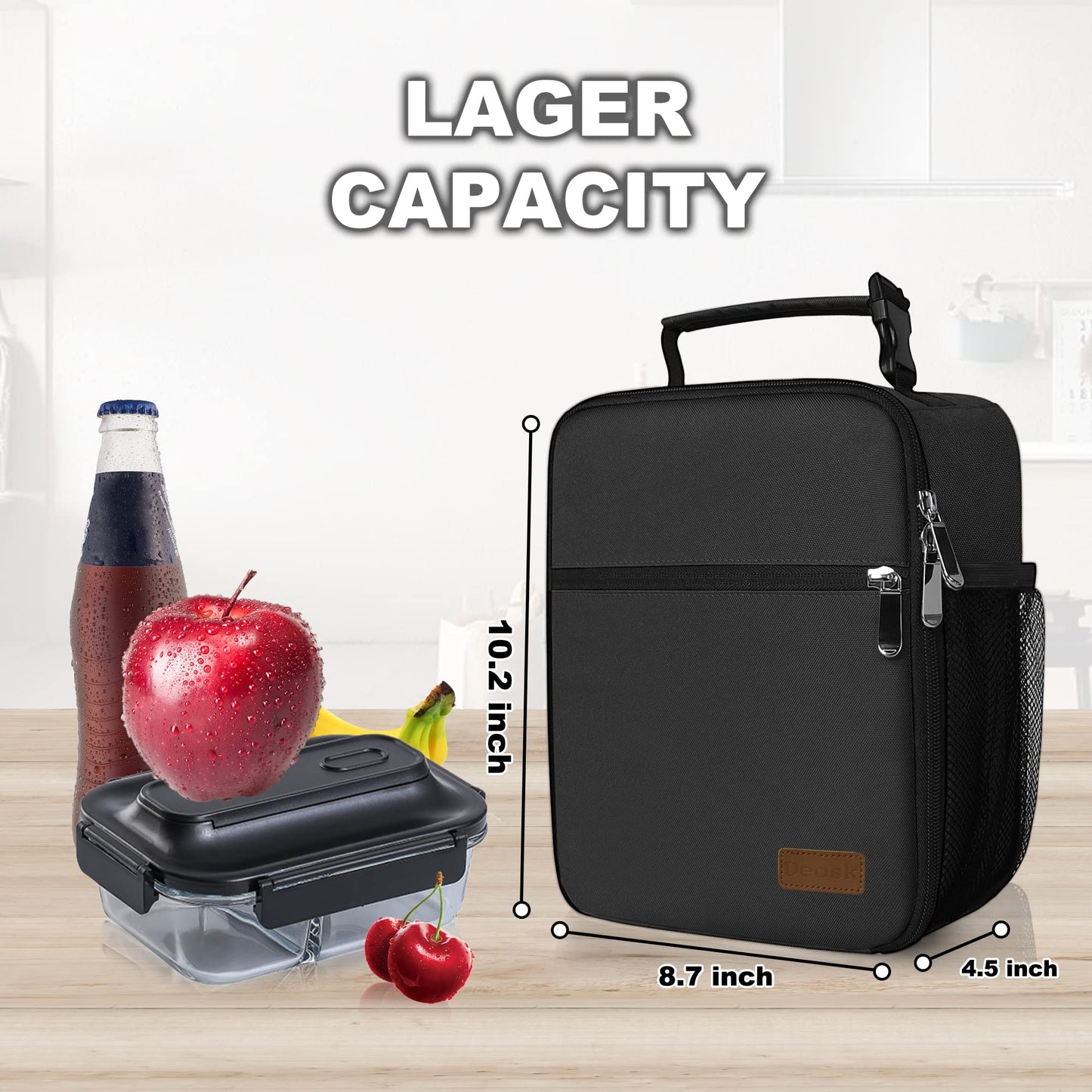 Deosk Lunch Bag Reusable Small Lunch Box for Men Women Insulated Portable Lunchbox for adults Suitable for School Work Picnic (Black)