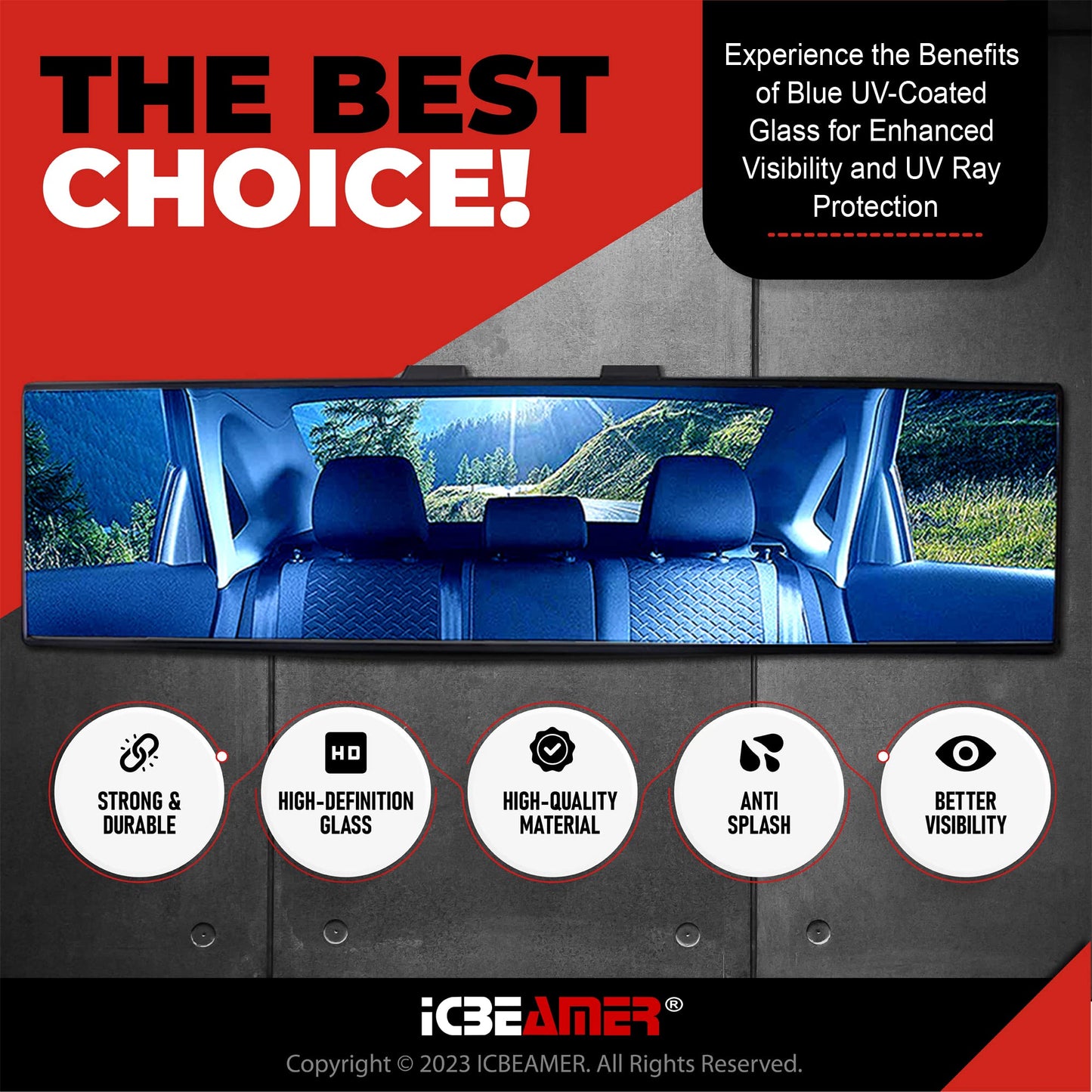 ICBEAMER 15.8 Inch Car Rearview Mirror, Panoramic Wide Angle, HD Blue Tint Glass, Interior Clip On Flat Car Mirror, Anti Glare, Automotive Accessories, Universal for Truck, Car, SUV, Pack of 1
