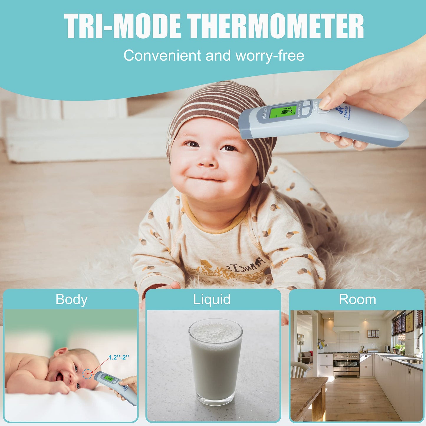 Amplim Non-Contact Forehead Thermometer for Kids and Adults - Touchless Fever Thermometer with Temporal Head Function – AmpMed No-Touch Digital Baby Thermometer for Accurate Temperature Reading