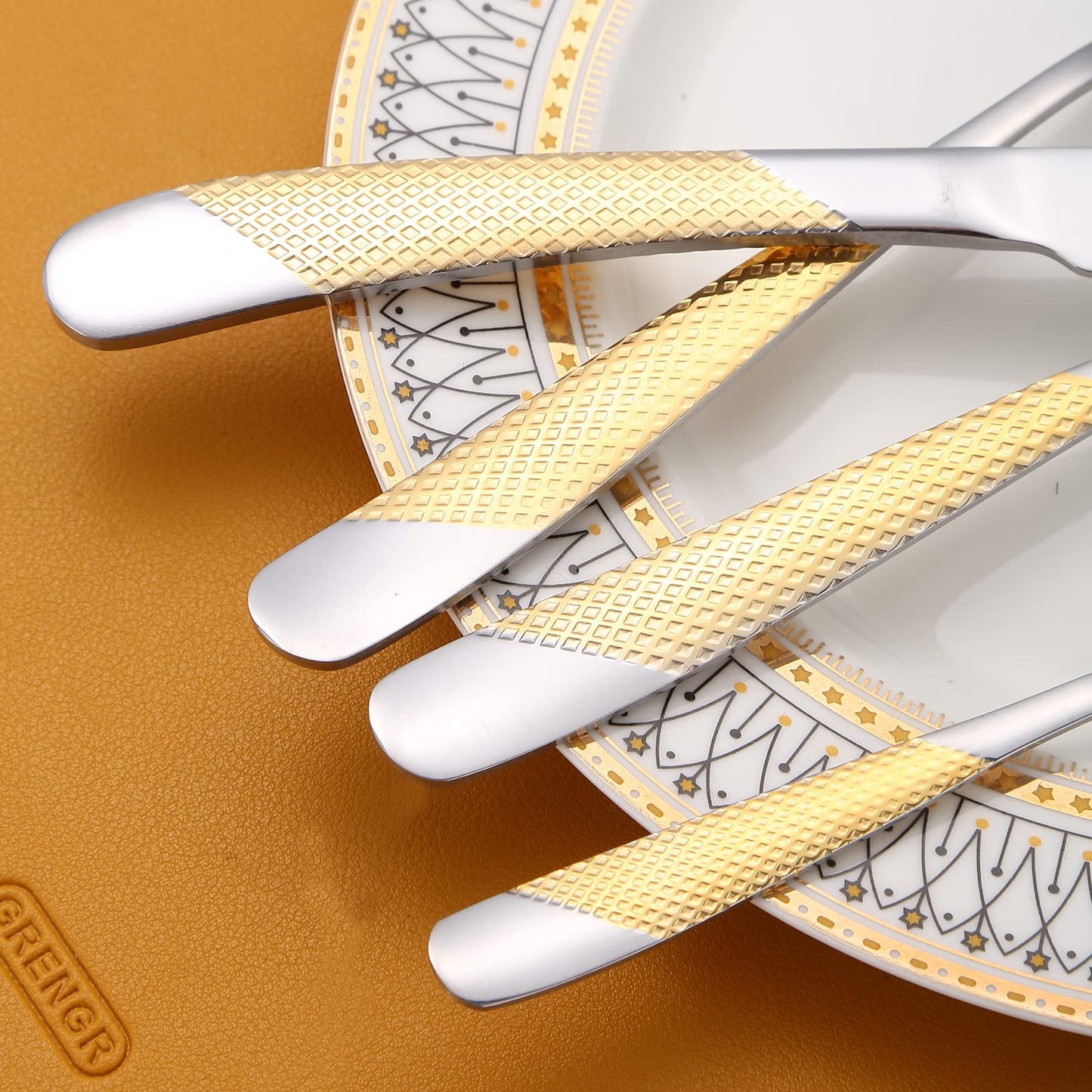 A·HOUSEWARE Hammered Silverware Set Gold and Silver 20 Pieces Stainless Steel Cutlery Flatware Sets for 4 Forks Spoons with Patten Handle Dishwasher Safe Heavy Duty