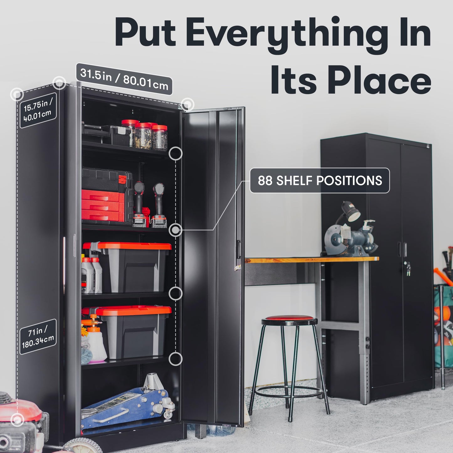 Fedmax Heavy Duty Metal Garage Storage Cabinet - 71-inch Tall Large Steel Utility Locker with Adjustable Shelves & Locking Doors - Garage Cabinets for Tool Storage and Ammo Locker - Black and Silver