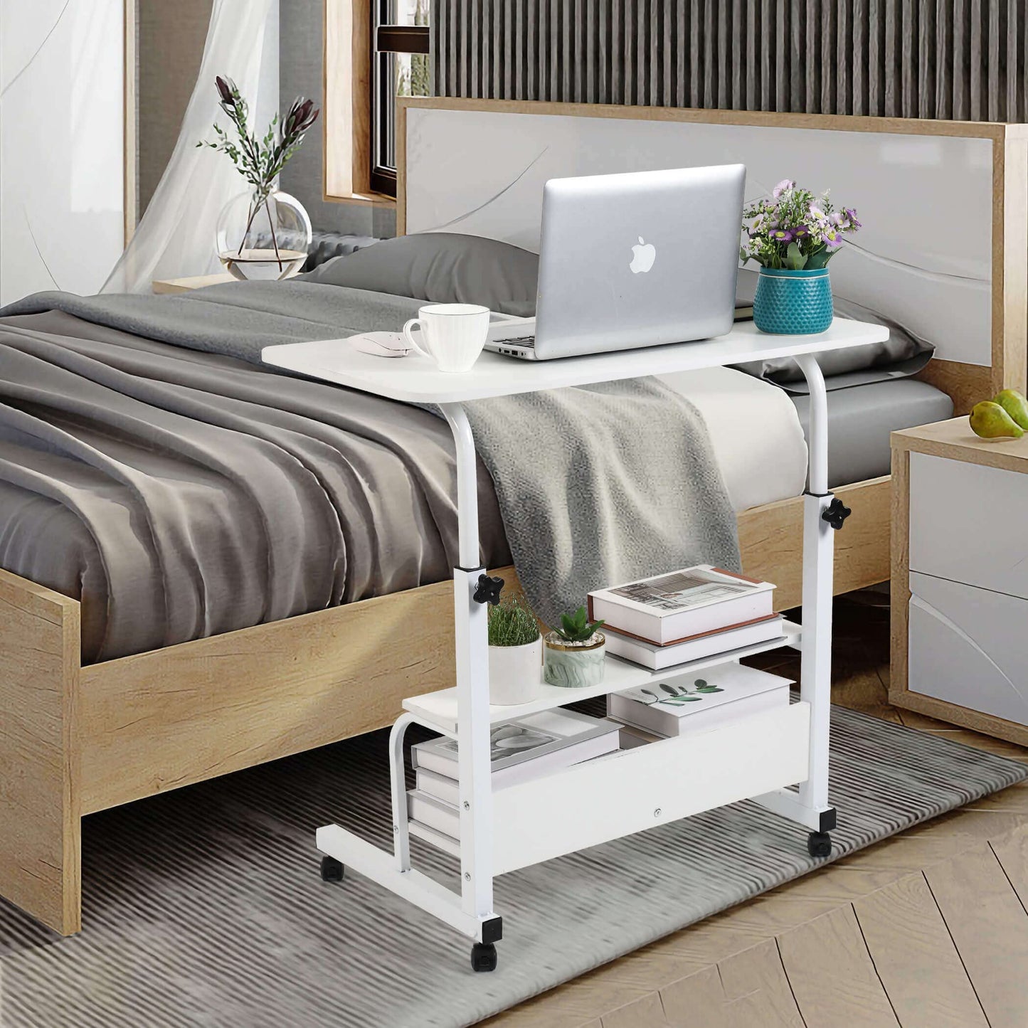 Bedroom Bedside Storage Rack Table Small Spaces Home Office Desk Height Adjustable Home Office Desk Multifunctional Table with Wheels Minimalist Portable Laptop Gaming Desk Size 15.7*31.5 Inch White