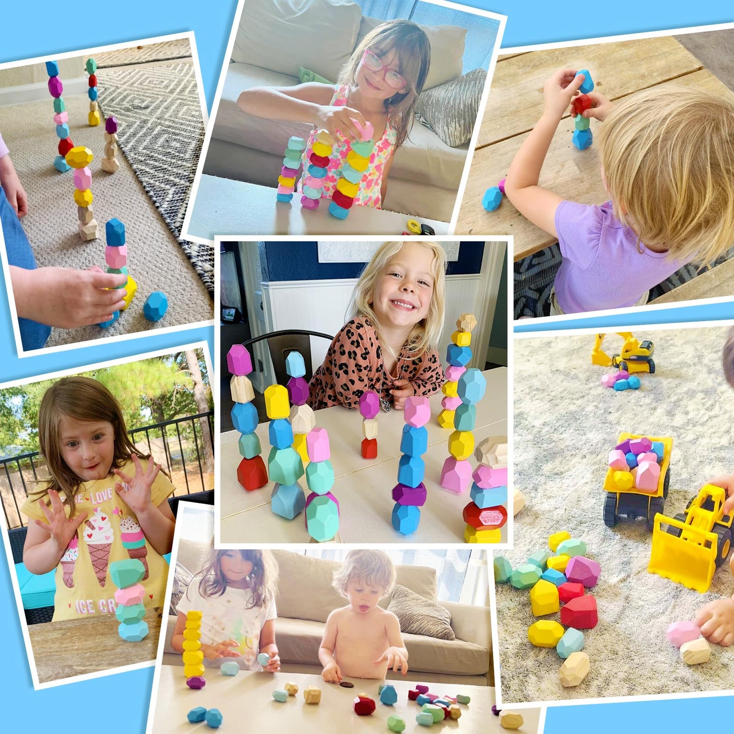 IGIVI Montessori Toys Rainbow Wooden Stacking Rock Set - 42 Natural Wood Blocks - Early Learning Sensory Toys for Toddlers - Birthday Gifts Toys for 2-4 Year Old Boys & Girls