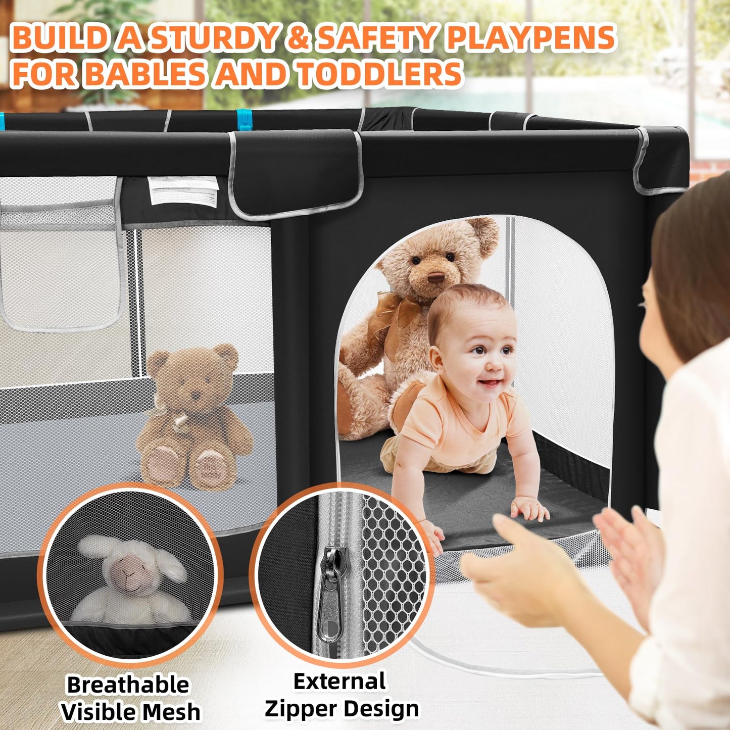 Suposeu Baby Playpen, Sturdy and Safety Playard with Soft Breathable Mesh, Indoor and Outdoor Baby Fence, Portable Playpen for Babies and Toddlers (50 Inch×50 Inch, Black)