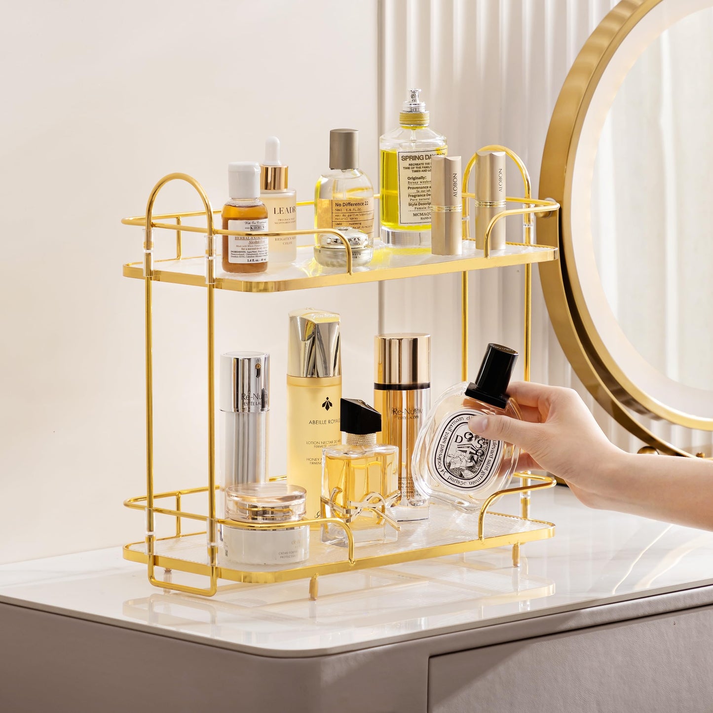 HBlife Bathroom Countertop Organizer 2 Tier Makeup Organizer Luxury Perfume Tray Skincare Storage Cosmetic Organizer Bathroom Counter Shelf for Bathroom, Gold
