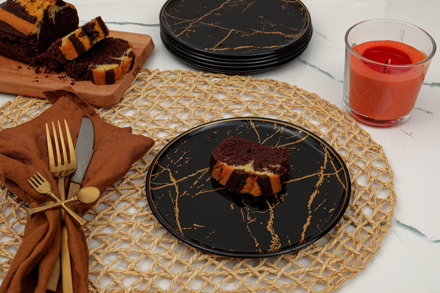 GURCUGLASS Glass Plate Set 7,8 Inch - Salad Plates | Dessert Appetizer Plates - Glass Lunch Plates - Small Plates Set, Set of 6, Suitable for Snacks, Appetizer, Home, Party, Restaurant (Black Marble)