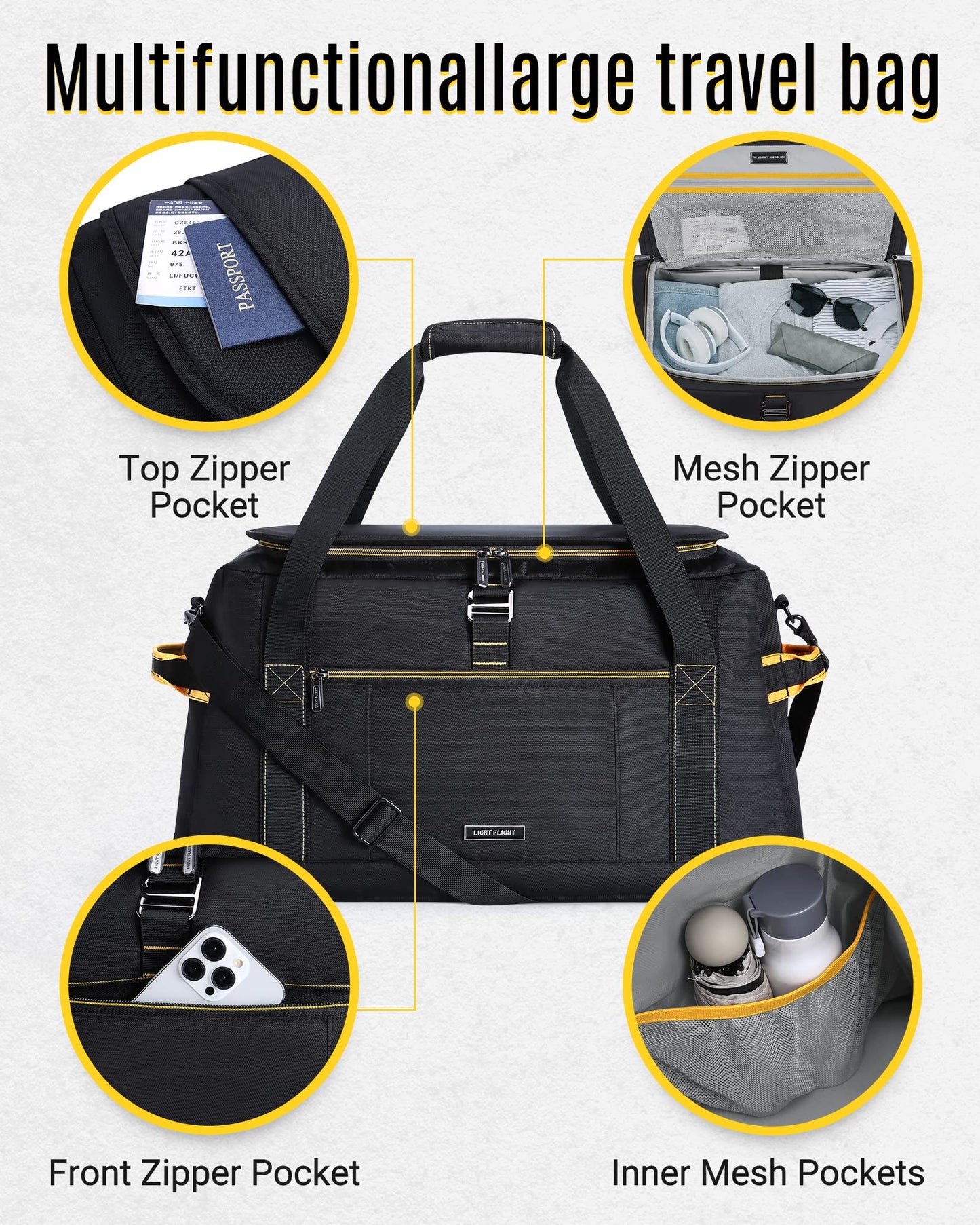 Carry on Bag, LIGHT FLIGHT 54L Large Travel Duffel Bags, Wide Open Weekender Overnight Bag, Heavy Duty Duffle Bag with Backpack Straps, Wet Pocket-Black