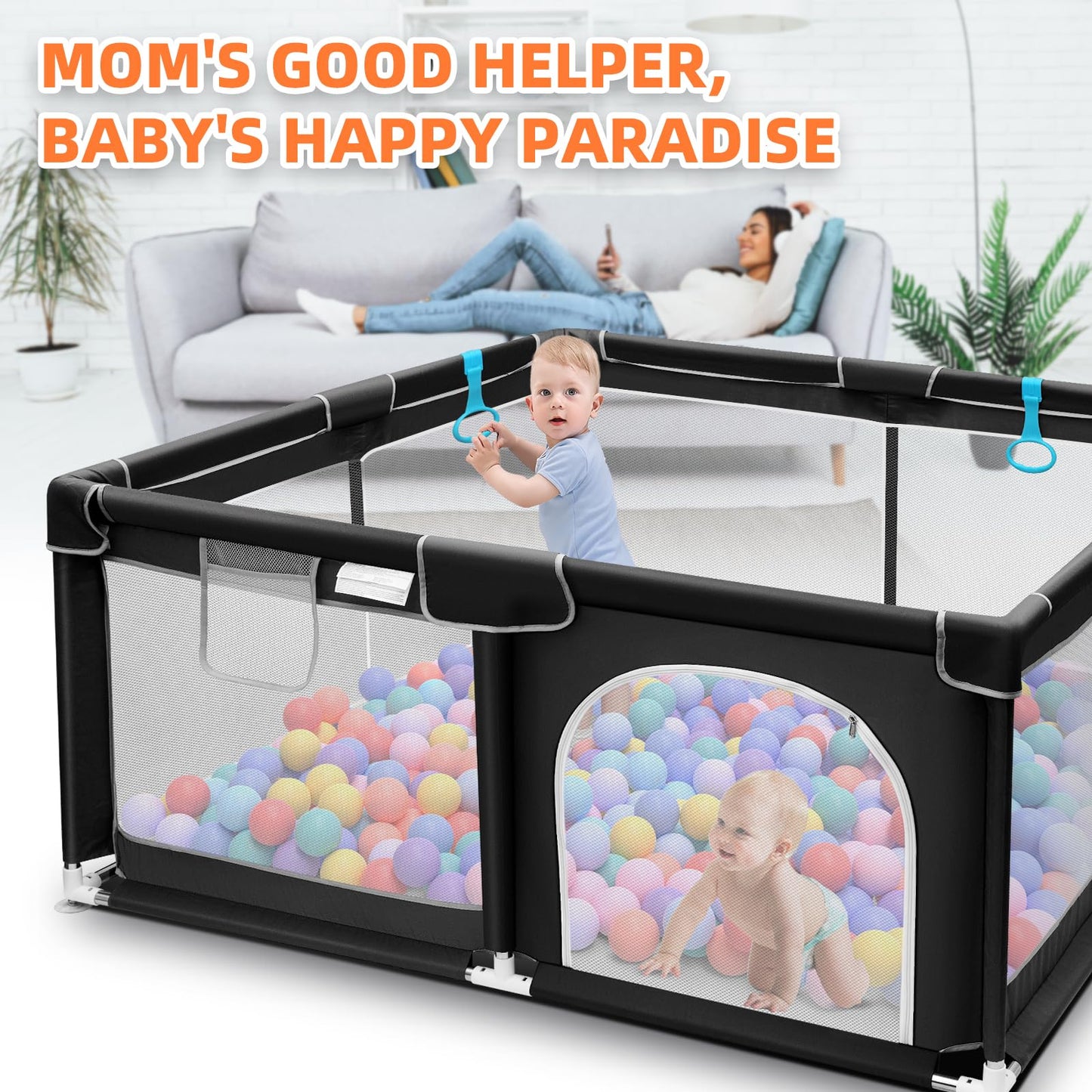 Suposeu Baby Playpen, Sturdy and Safety Playard with Soft Breathable Mesh, Indoor and Outdoor Baby Fence, Portable Playpen for Babies and Toddlers (50 Inch×50 Inch, Black)
