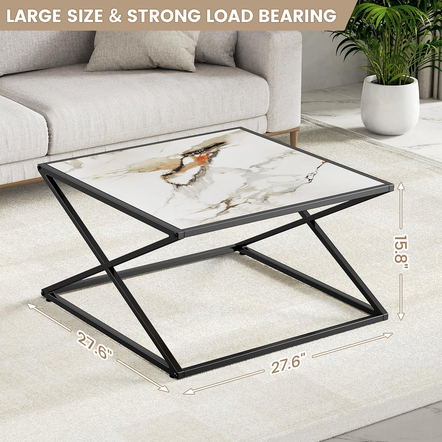 Marble Coffee Table, White Marble Sintered Stone Top Small Square Coffee Table with Black Metal Frame, 27.6 Inch Simple Modern Center Coffee Table for Living Room Home Office, Easy Assembly
