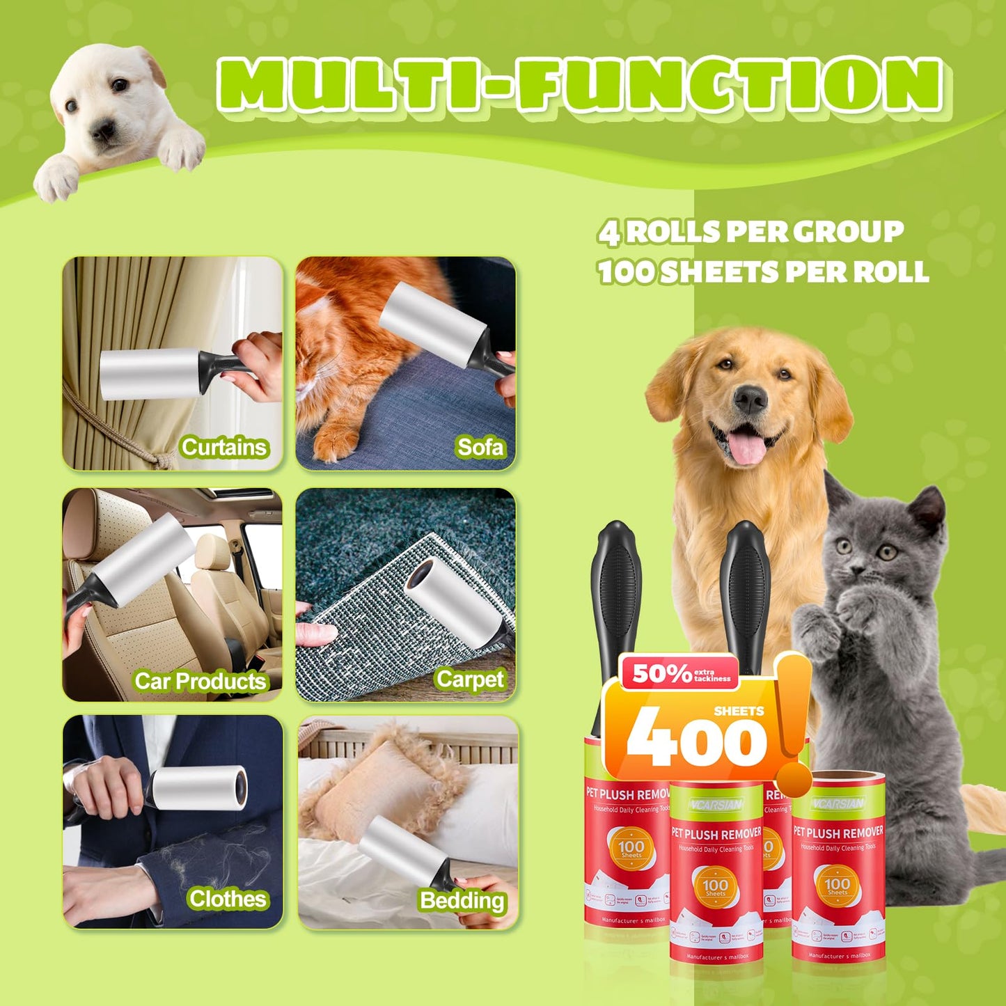 Vcarsian Lint Roller, Pet Hair Remover with 2 Enhanced Handles and 4 Rollers, Extra Sticky Portable Lint Remover for Clothes, Furniture and Pet Hair