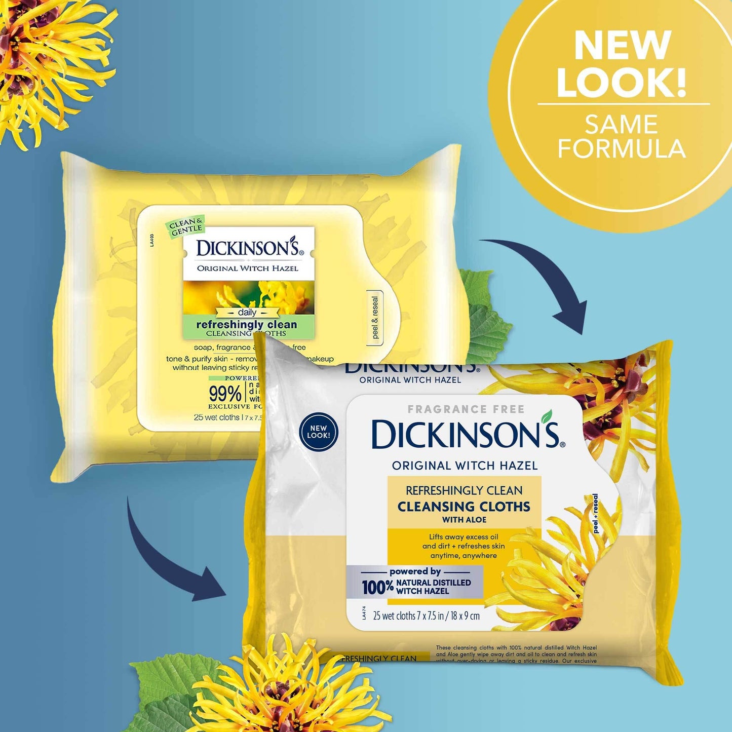 Dickinson's Original Witch Hazel Refreshingly Clean Cleansing Cloths with Aloe, 4 Pack, 25 Cloths per Pack