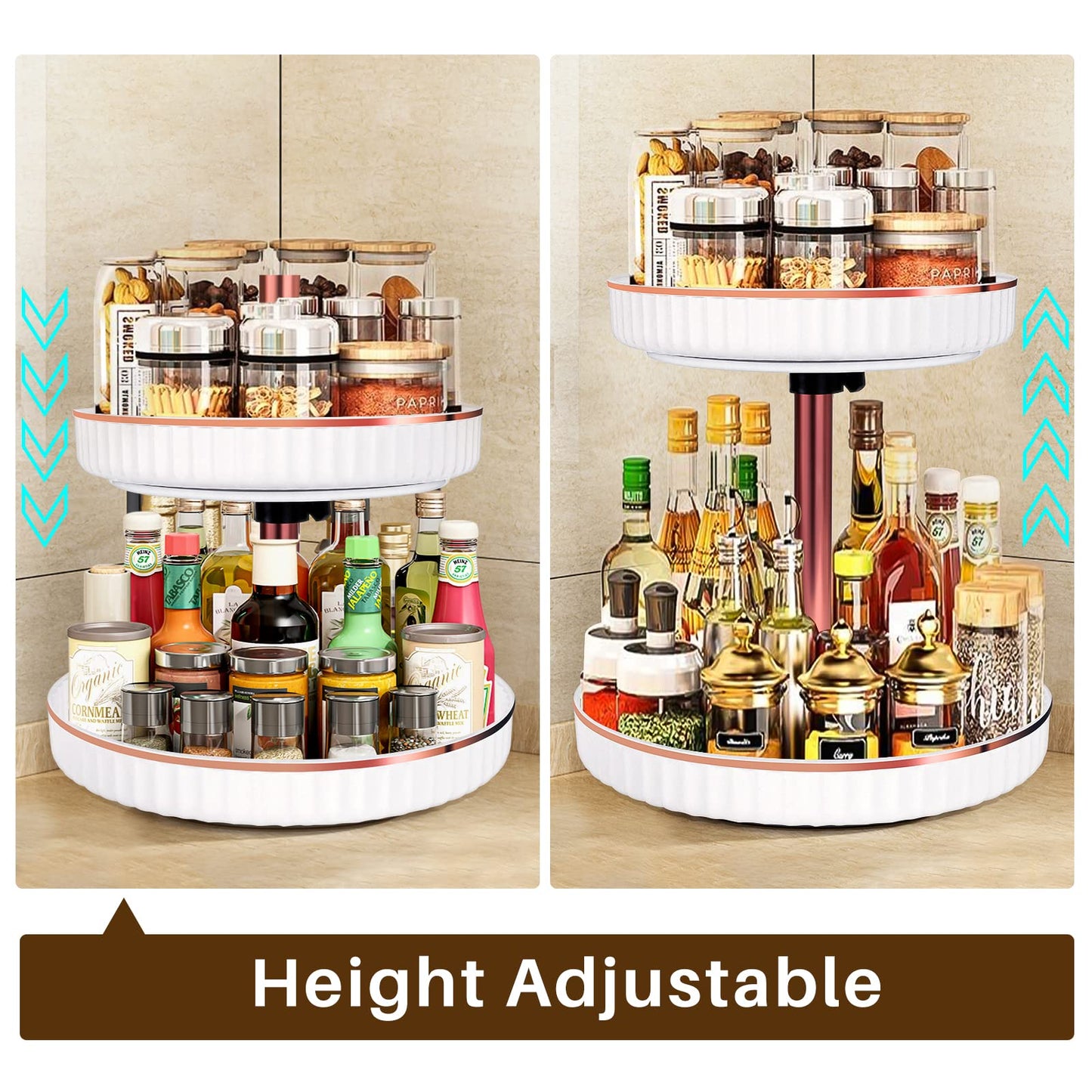 2 Tier Lazy Susan Organizer, Spice Rack Organizer for Cabinet, Lazy Susan Spice Organizer Plastic Turntable, 360° Rotating Spice RackCountertop Organization and Storage, White(Diameter 10.23"-11.81")