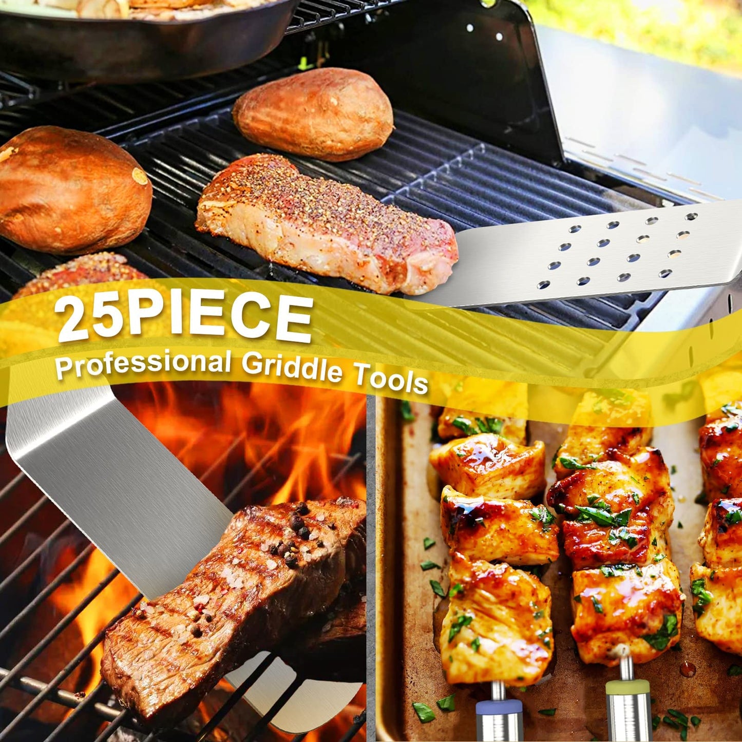 25 PCS Griddle Accessories Set, Professional Flat Top Blackstone Griddle Grill Kit, with Spatula Tools, Scraper, Tongs, Egg Rings, Carrying Bag for Indoor & Outdoor BBQ Cooking, Dishwasher Safe