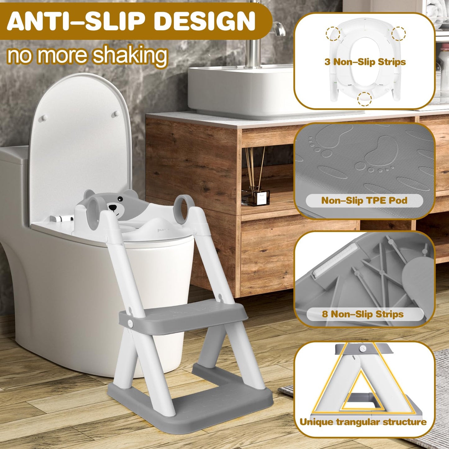 Kylinton® Potty Training Seat with Step Stool Ladder, Foldable Toddler Potty Seat, Training Toilet for Kids, Splash Guard Comfotable and Anti-Slip Pad for Boys Girls - New Grey