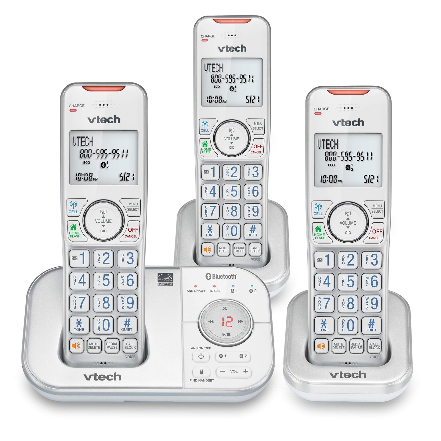 Vtech VS112-37 DECT 6.0 Bluetooth 3 Handset Cordless Phone for Home with Answering Machine, Call Blocking, Caller ID, Intercom and Connect to Cell (Silver & White)