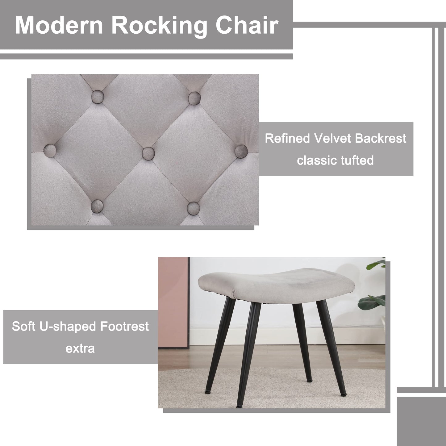 Iroomy Velvet Rocking Chair Nursery Glider Chair, Comfy Nursery Rocking Chairs W/Ottoman, Small Nursing Chair Rocking Chair Indoor, Modern Nursery Chair Rocker for Baby/Kids Living Room/Bedroom-Grey