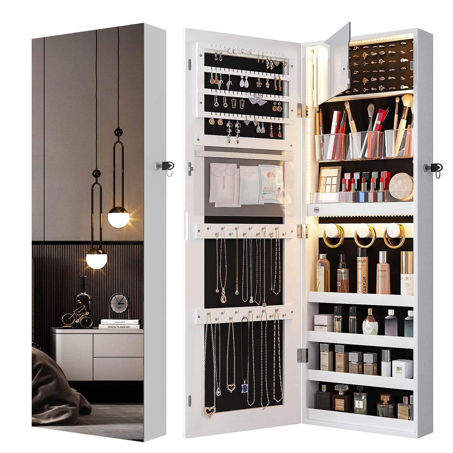 FREDEES Jewelry Armoire with Mirror 4 Tier Storage Over the Door Jewelry Organizer with Mirror,Full Length Mirror Jewelry Cabinet,Jewelry Cabinet Armoire with Mirror (White)