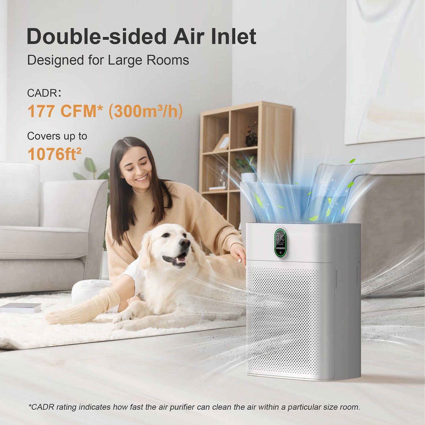 MORENTO Smart Air Purifier for home Large Rooms up to 1076 ft², Wi-Fi and Alexa compatible, PM2.5 Air Quality Display, Auto Mode, Quiet Mode 24dB, HEPA Filter Removes Dust, Pollen, Smoke (White)