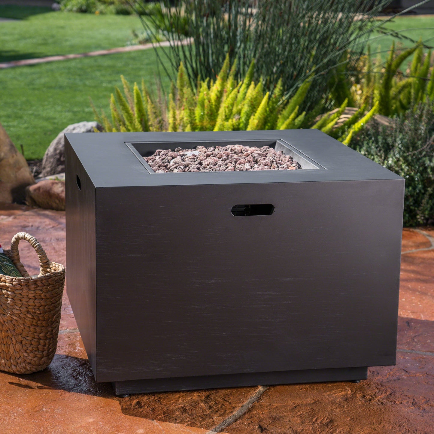 Christopher Knight Home Wellington Outdoor Iron 33" Square Fire Pit - 50,000 BTU, Dark Grey