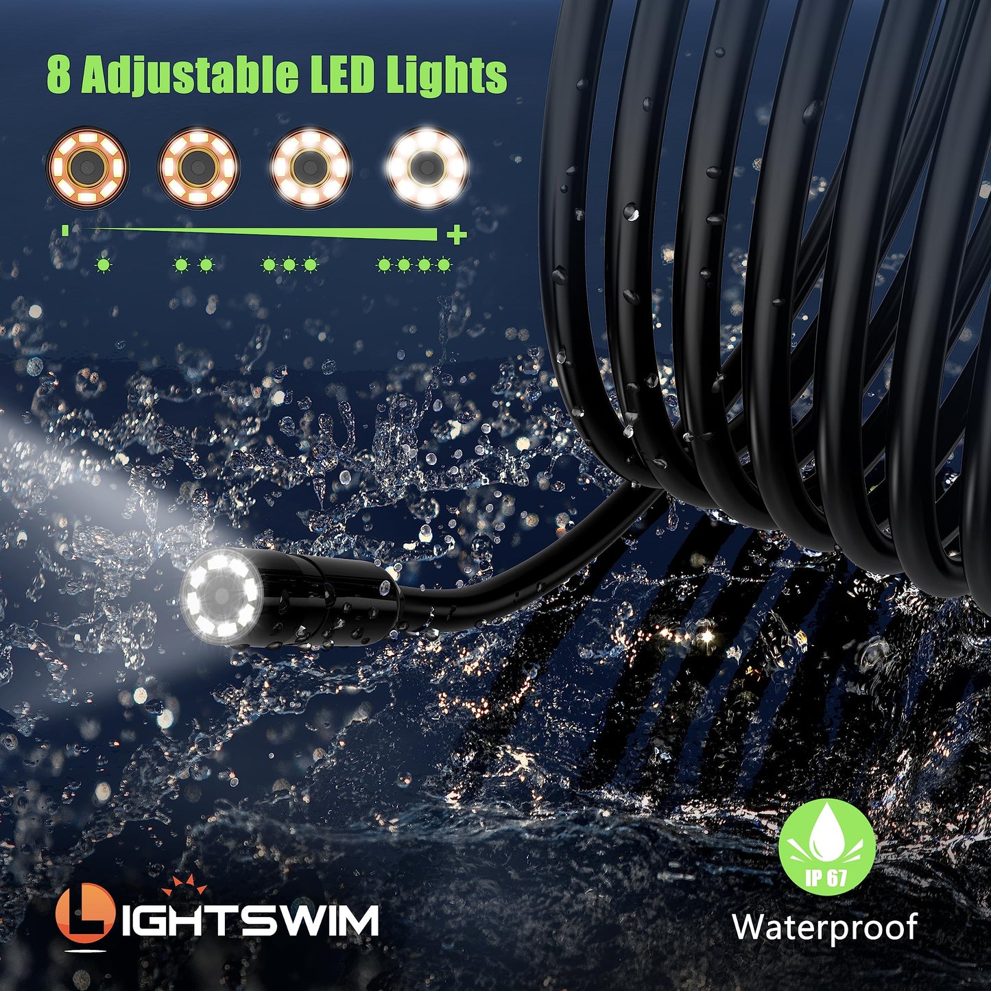 Lightswim Industrial Endoscope Inspection Camera, 4.3" IPS Borescope Sewer Camera with Handheld IP67 Waterproof Snake Camera with 8 LED Lights 16.5FT Semi-Rigid Cable