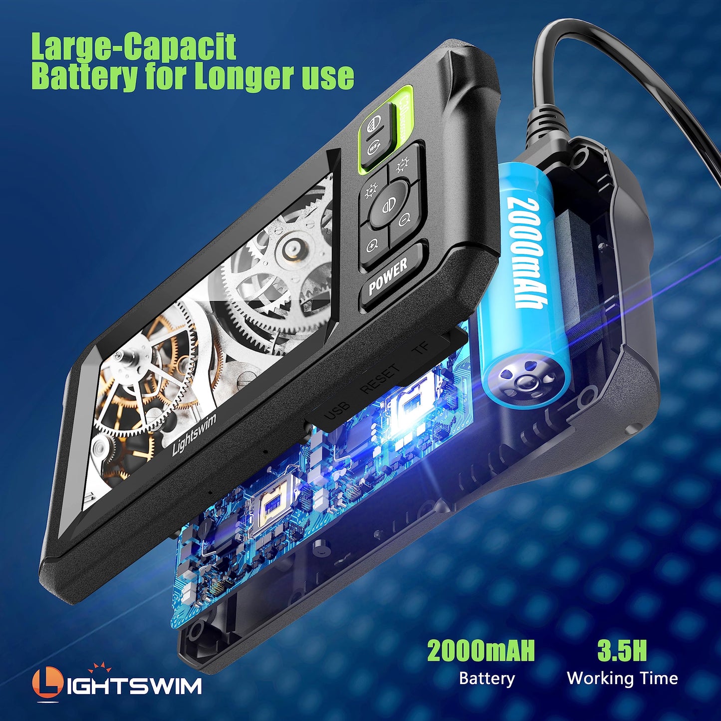 Lightswim Industrial Endoscope Inspection Camera, 4.3" IPS Borescope Sewer Camera with Handheld IP67 Waterproof Snake Camera with 8 LED Lights 16.5FT Semi-Rigid Cable