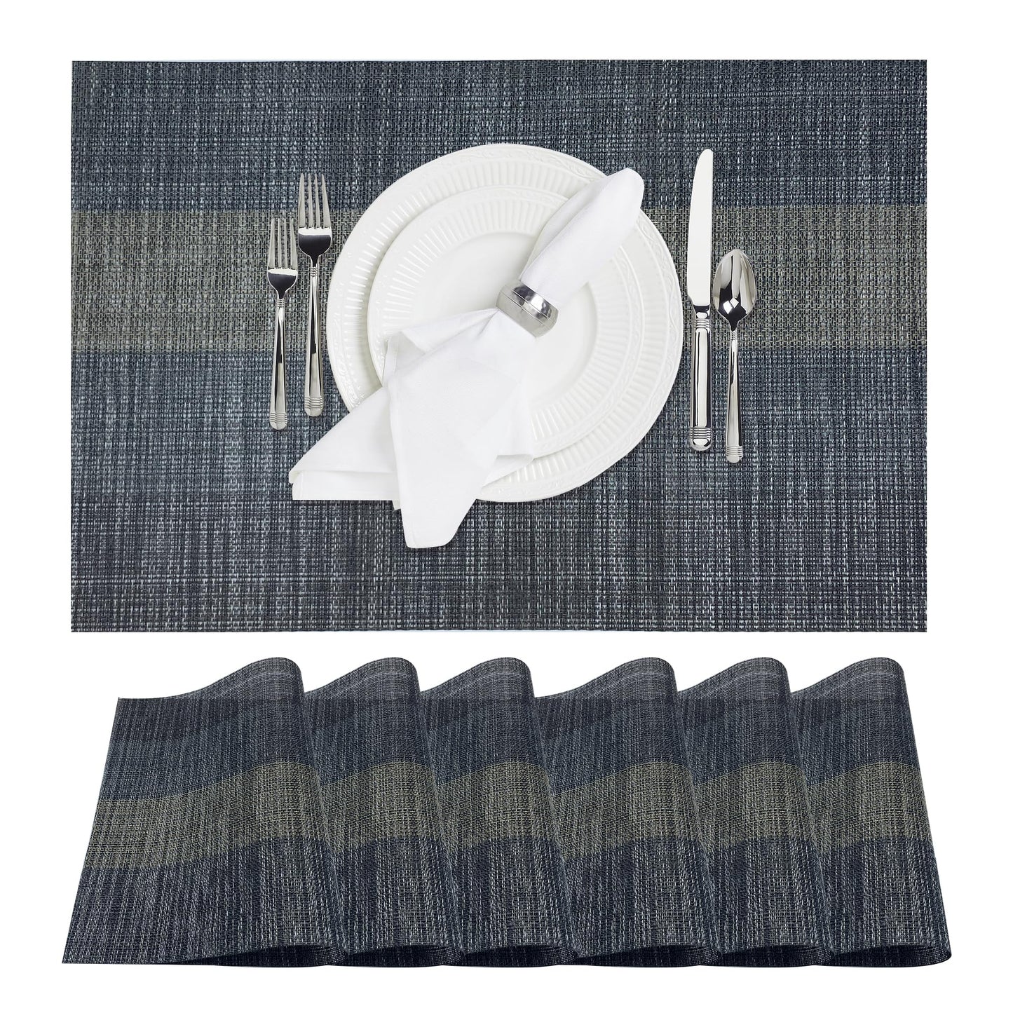 Canglifull Placemats Set of 6, Vinyl Woven Placemats, Beautiful Washable and Durable Non-Slip Table Placemats, Indoor/Outdoor Placemats (Black, 6)