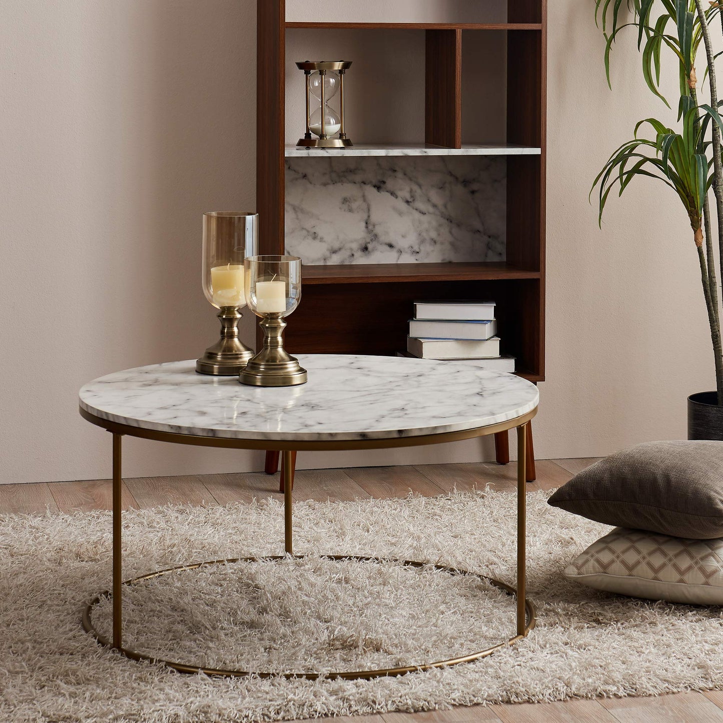 Versanora Marmo Round Circle Shape Coffee Side End Table with Faux Marble Top, 18 inch Height, Marble