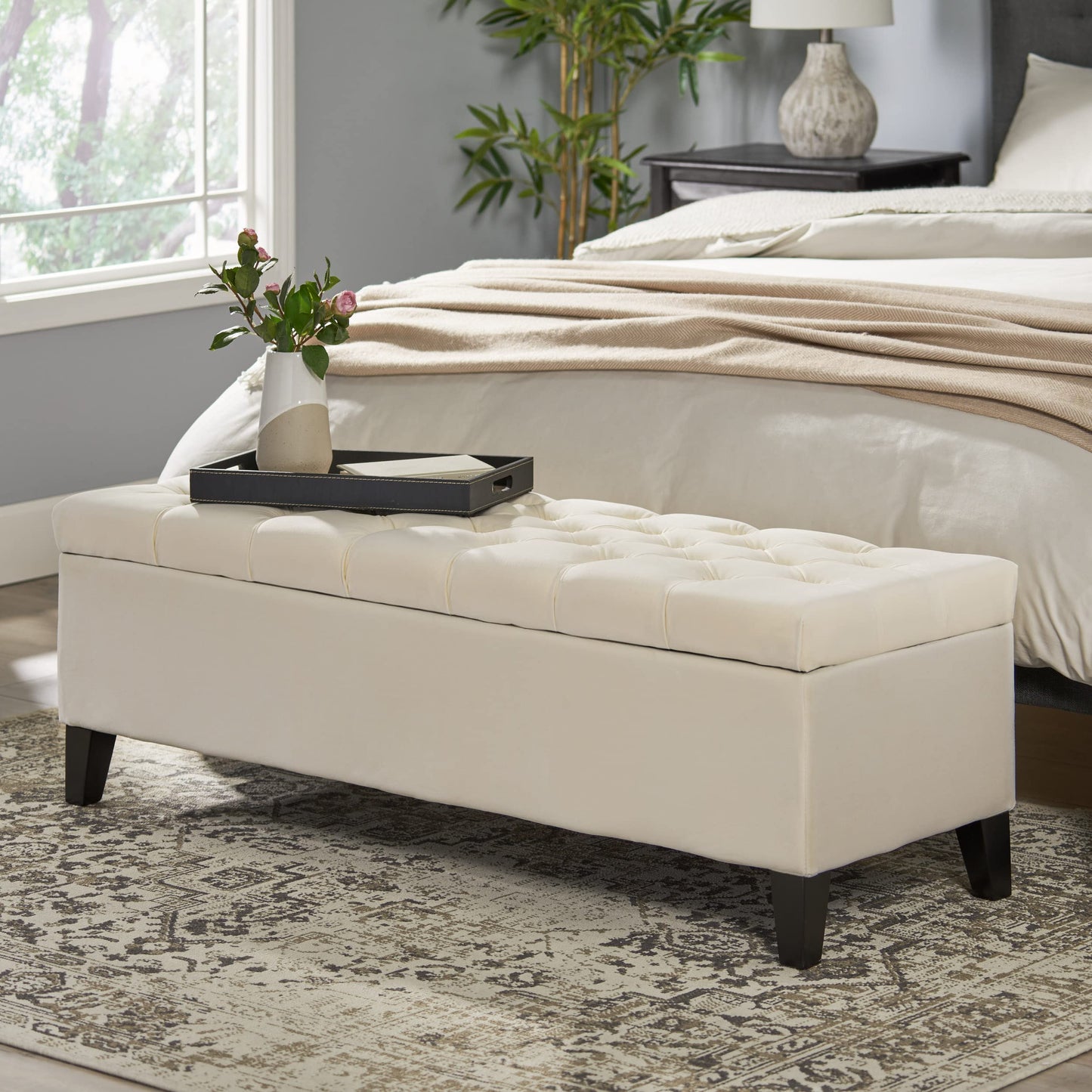 Christopher Knight Home Ottilie Velvet Storage Ottoman, Ivory 17.5”D x 51.0”W x 17.00”H